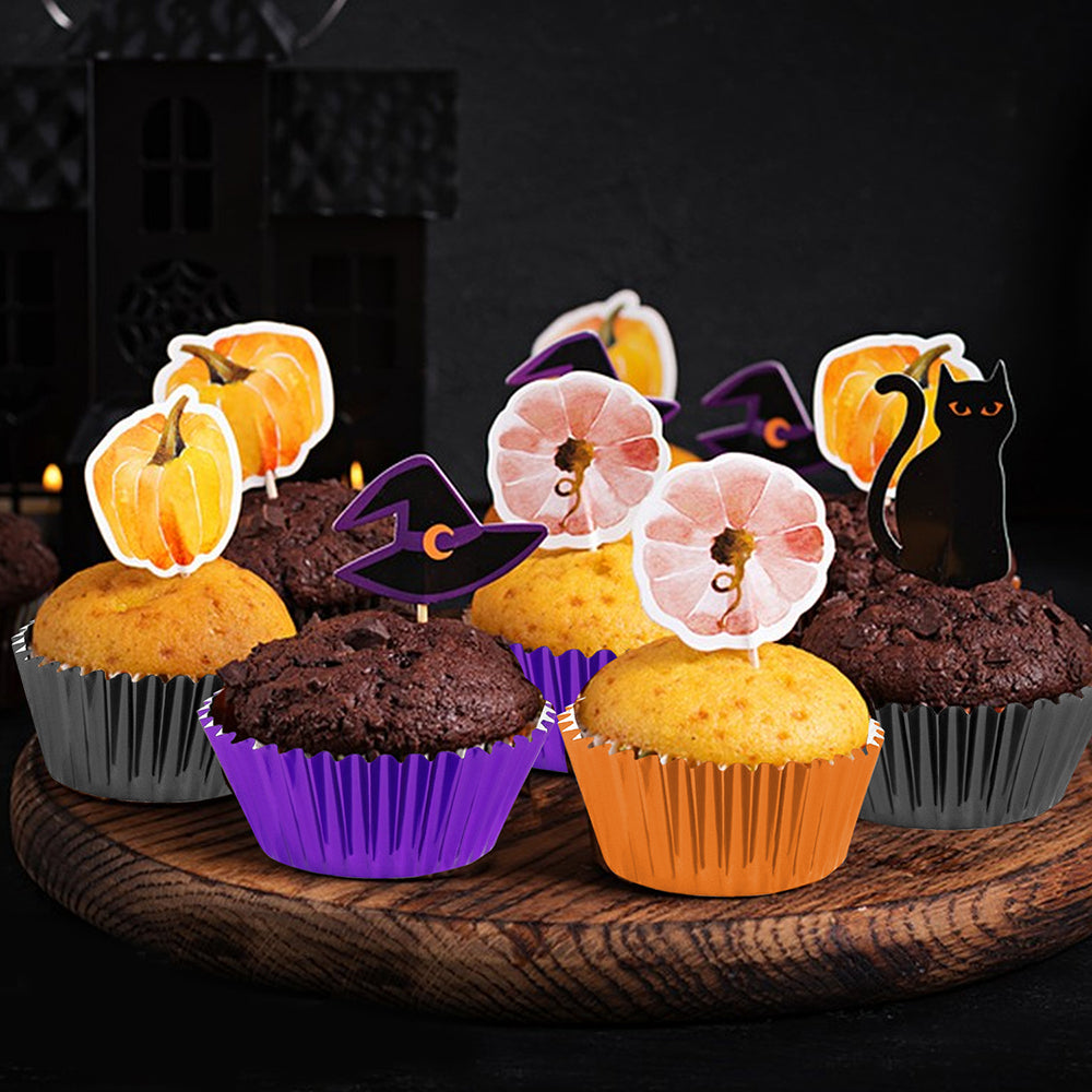 300 Pcs Halloween Foil Cupcake Liners - Black, Purple, Orange