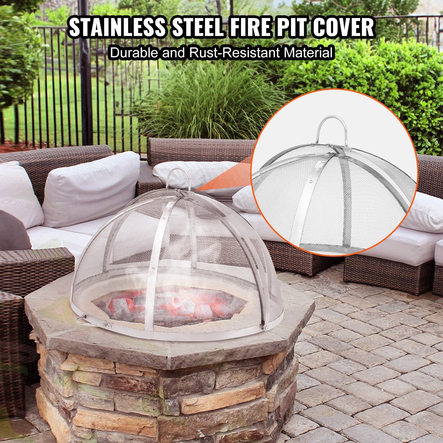 Outdoor Firepit Spark Screen Lid - 40 Inch Diameter Stainless Steel Round Cover