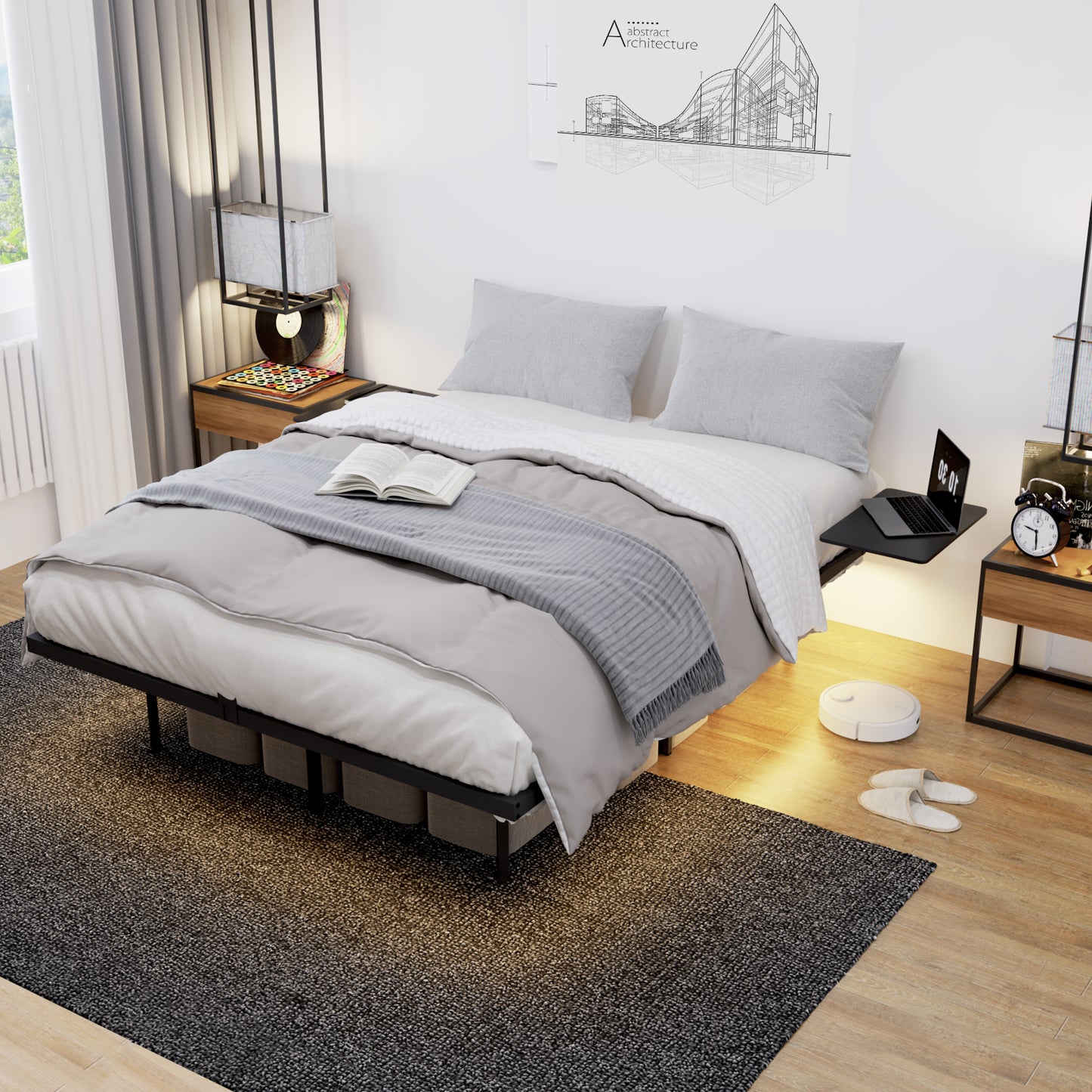 Heavy Duty Full Size Bed Frame with LED Light - Black