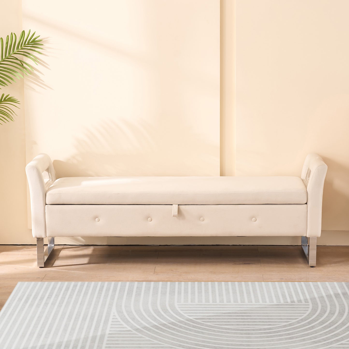 67.91" Wide Velvet Storage Bench with Armrests - Beige