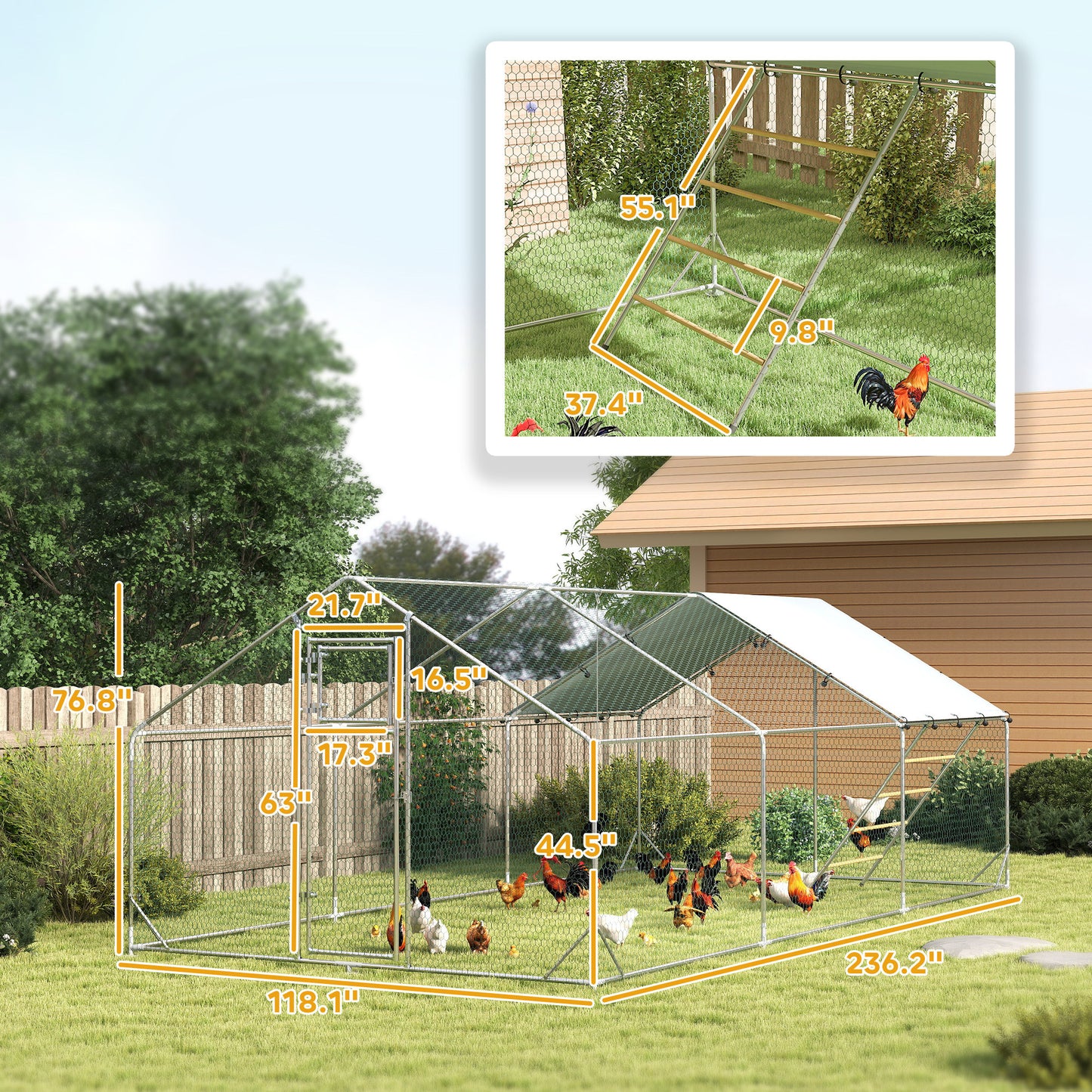 Metal Chicken Run with Waterproof Cover, Feeding Door & Hanging Feeder - Fits 18-24 Chickens, Silver 1980x380x180 mm