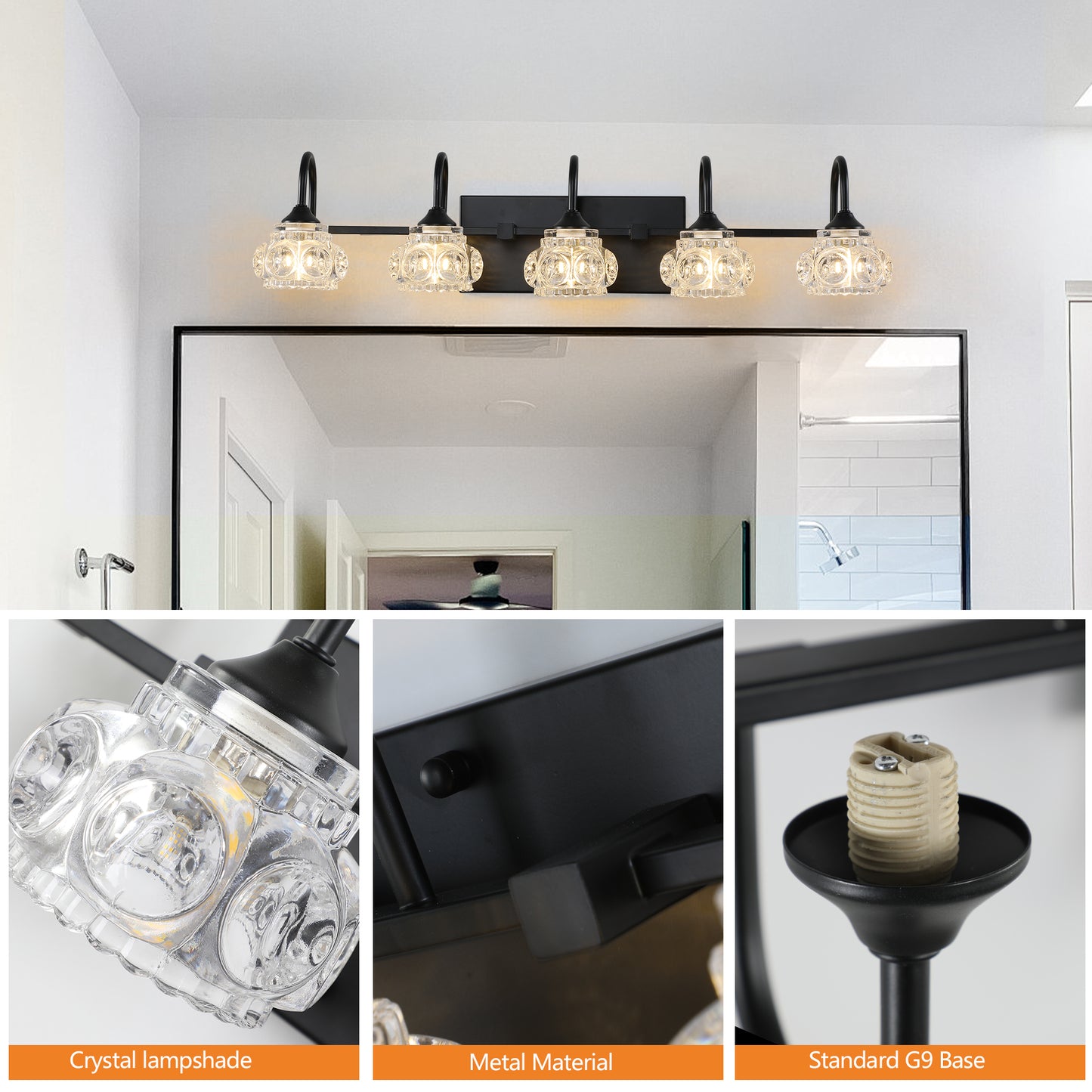 5-Light Bathroom Vanity Light Fixture - Black & Crystal Shades