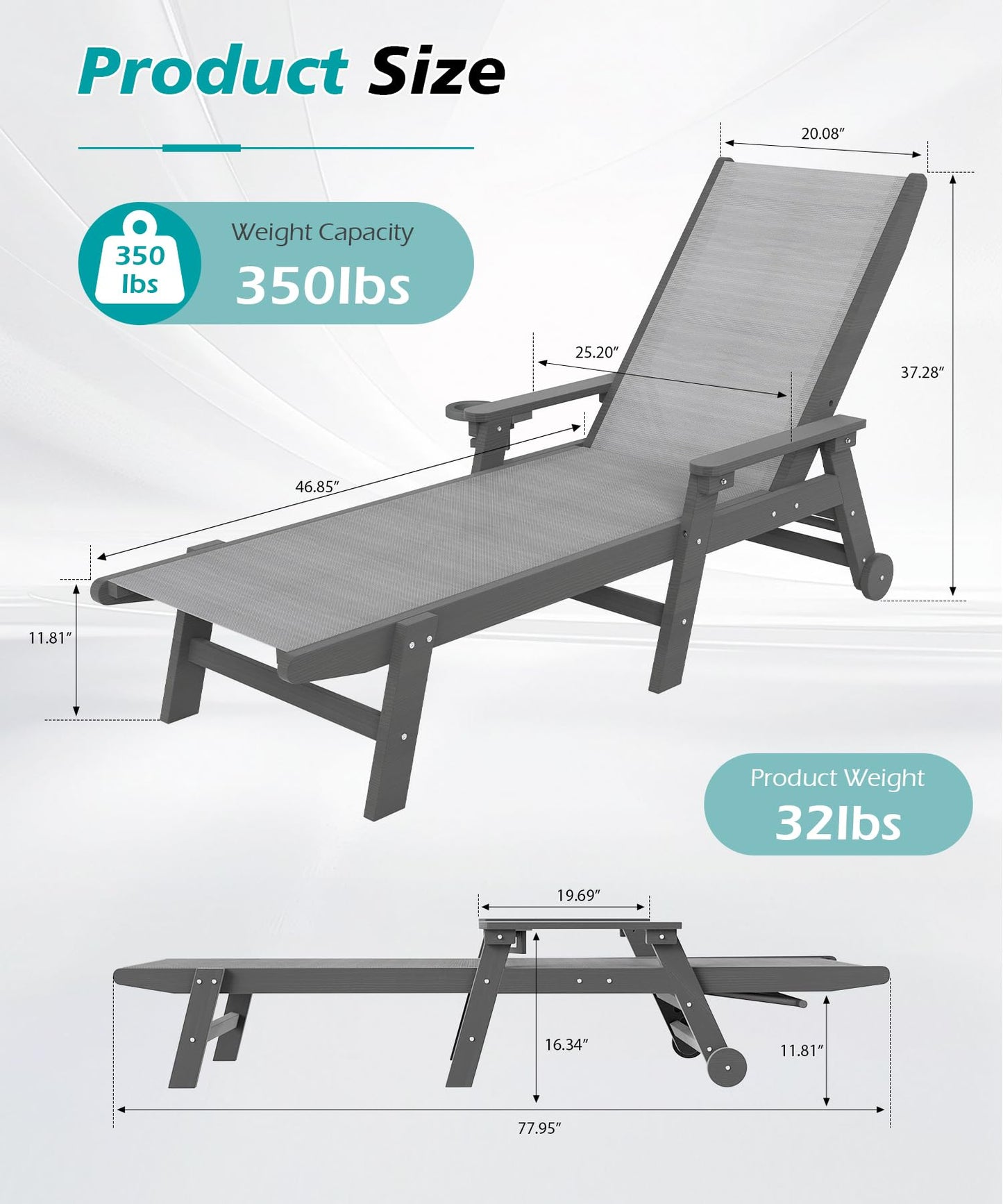 Lounge Chair Outdoor, HDPE Chaise Outdoor With Wheels, Patio