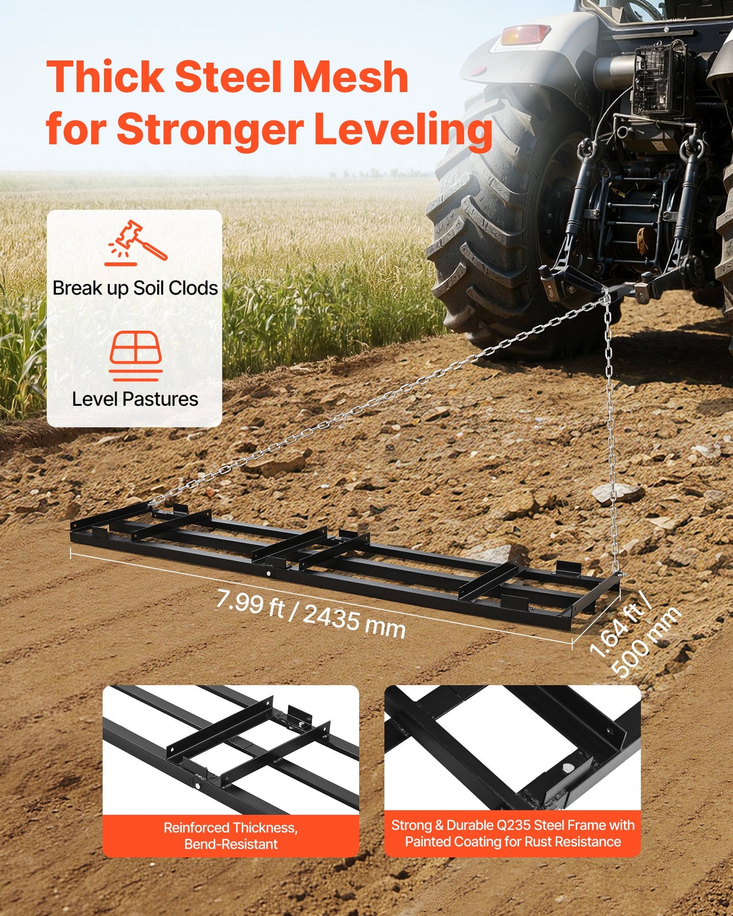 Heavy Duty Tow-Behind Drag Harrow 96x20 Inch for Driveway and Lawn Leveling