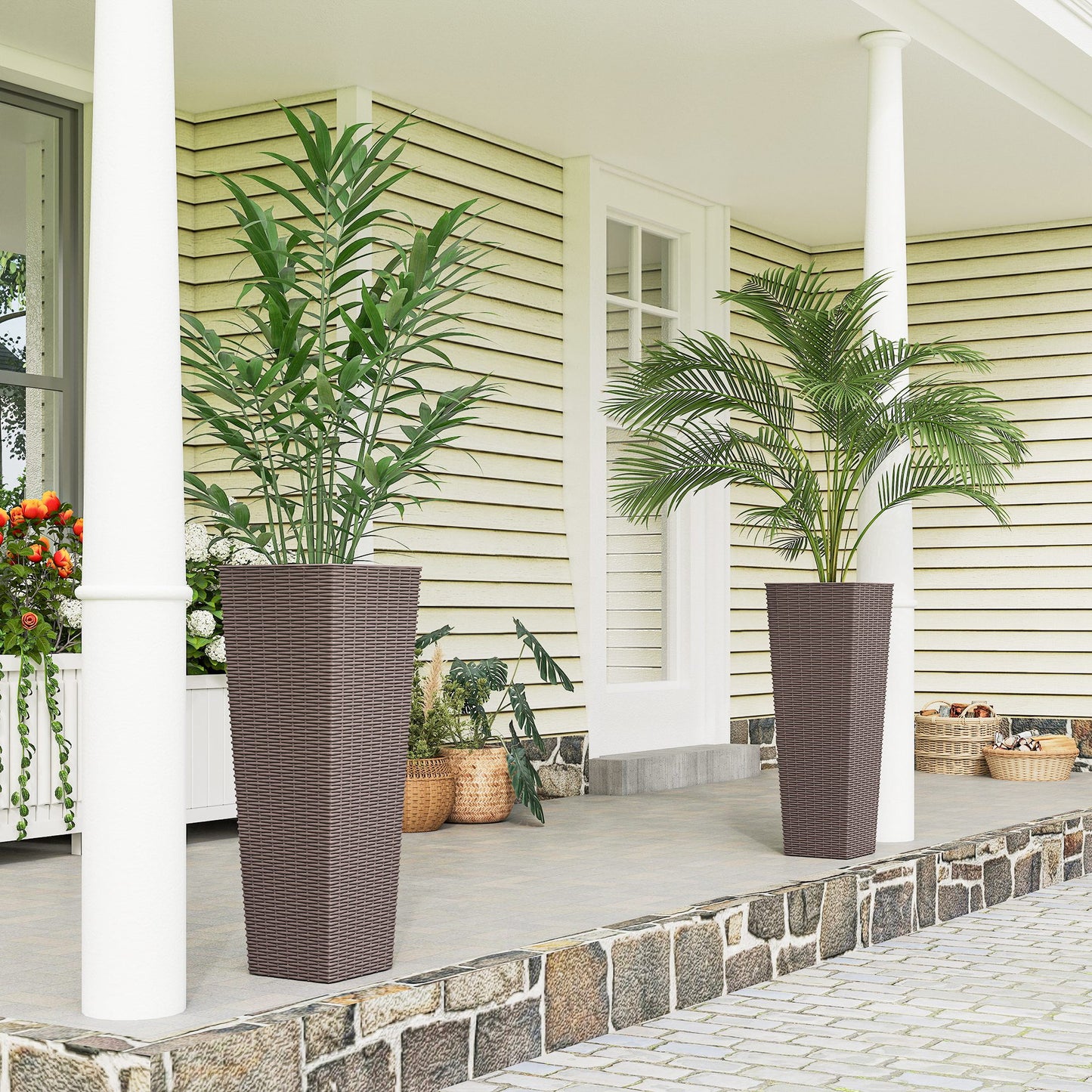 Set of 2 Outdoor Tall Plant Pots - Brown Plastic Garden Planters with Drainage