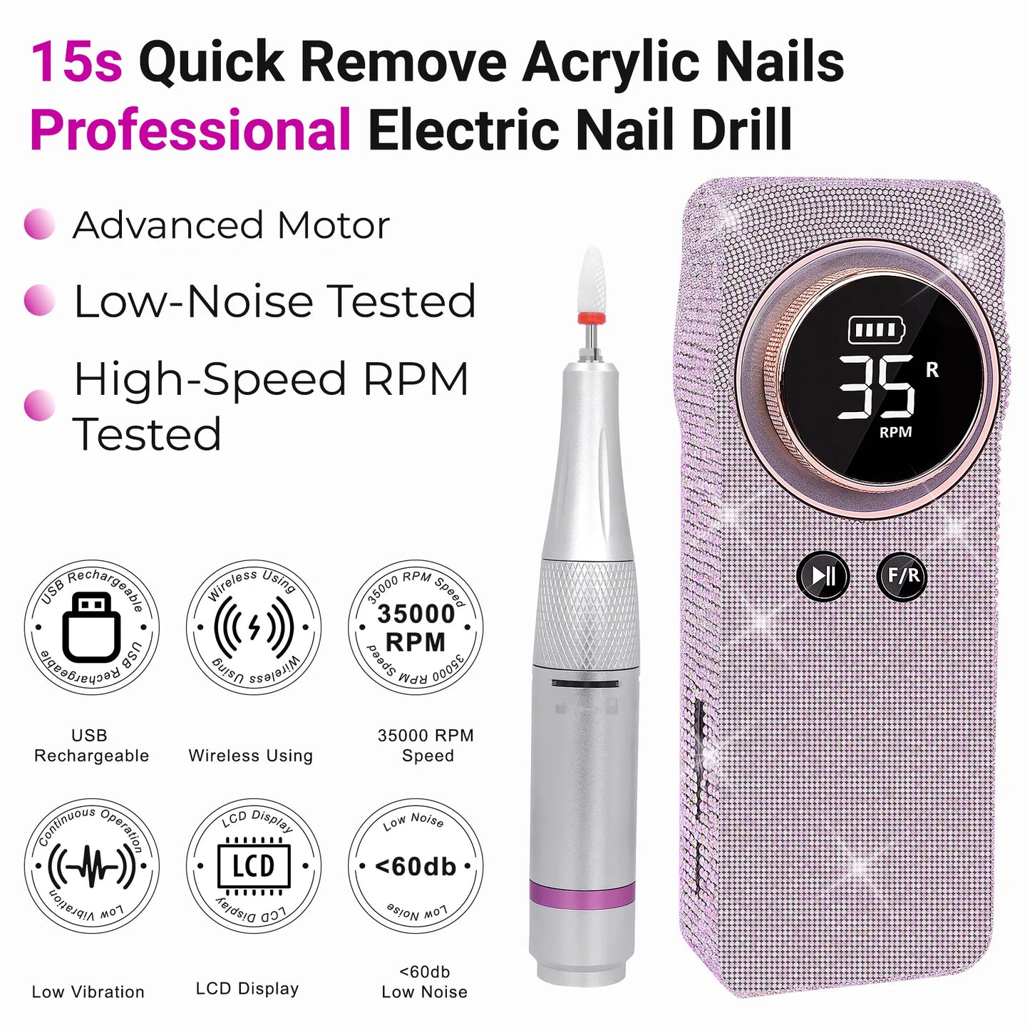 Professional Portable Electric Nail Drill - 35000RPM Rechargeable Manicure Tool