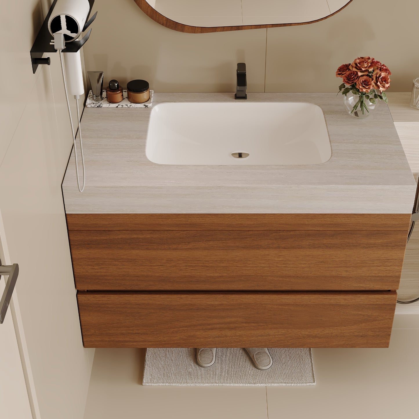 29.9" Modern Floating Bathroom Vanity with Faux Marble Top - Stone Gray Walnut