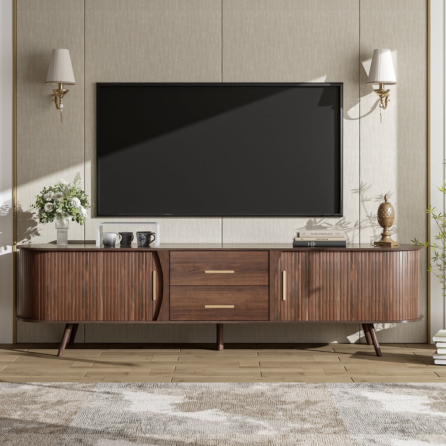 Mid-Century Modern TV Stand for 80" TV, Dark Brown Entertainment Center with 2 Drawers