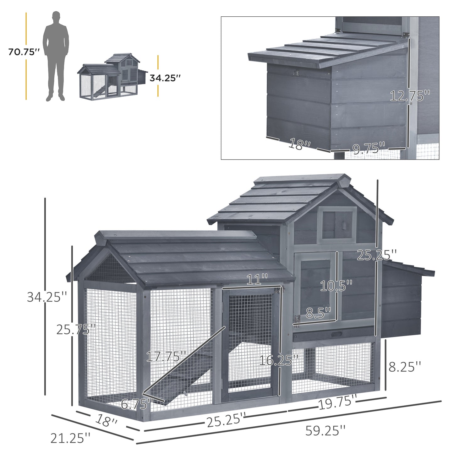 Small Wooden Chicken Coop with Nesting Box & Removable Tray - Gray, 925x575x260mm