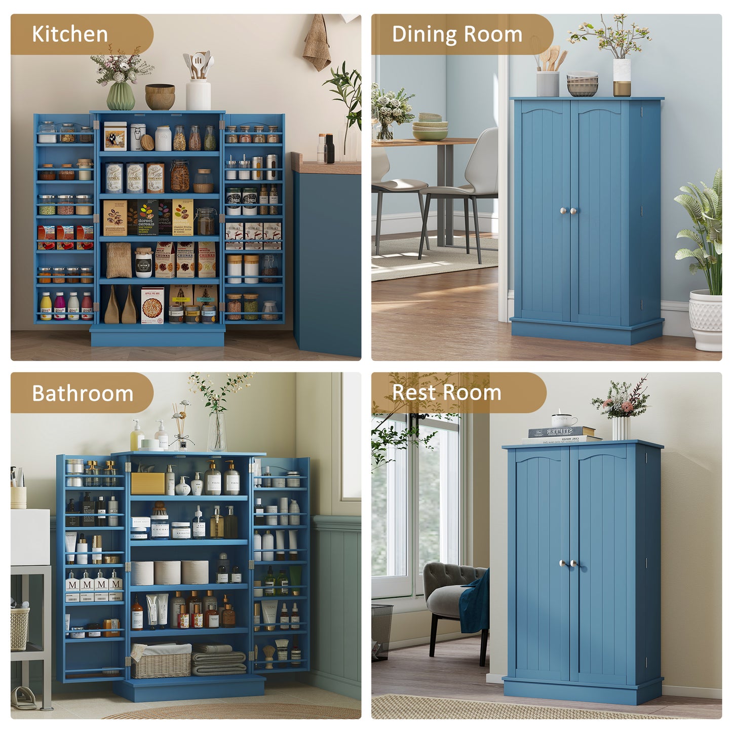 Freestanding Kitchen Pantry Cabinet with 12 Door Shelves - Blue