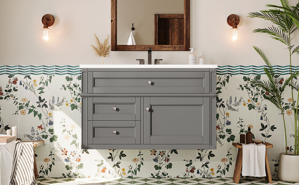 36-Inch Wall-Mounted Bathroom Vanity with Ceramic Sink & Drawers - Gray