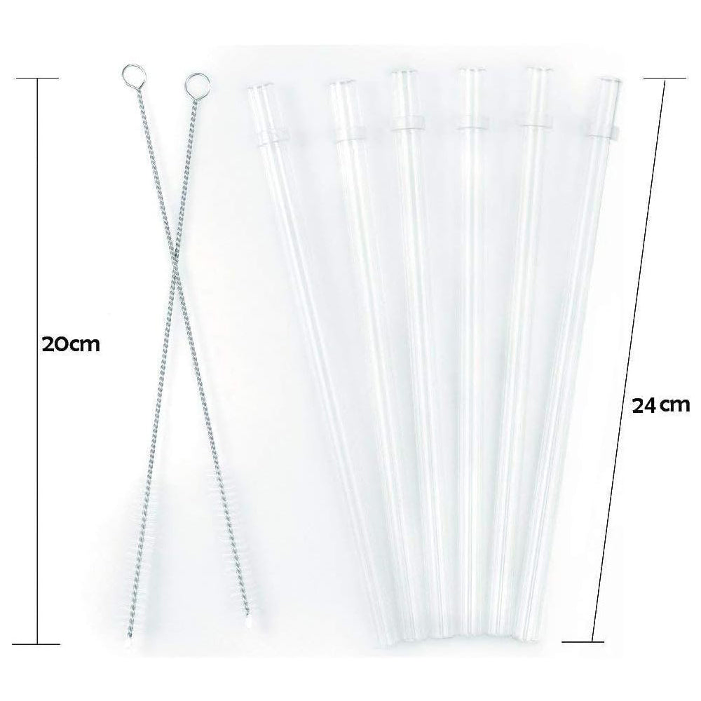 Reusable Transparent Plastic Drinking Straws - Set of 6 with Cleaning Brushes