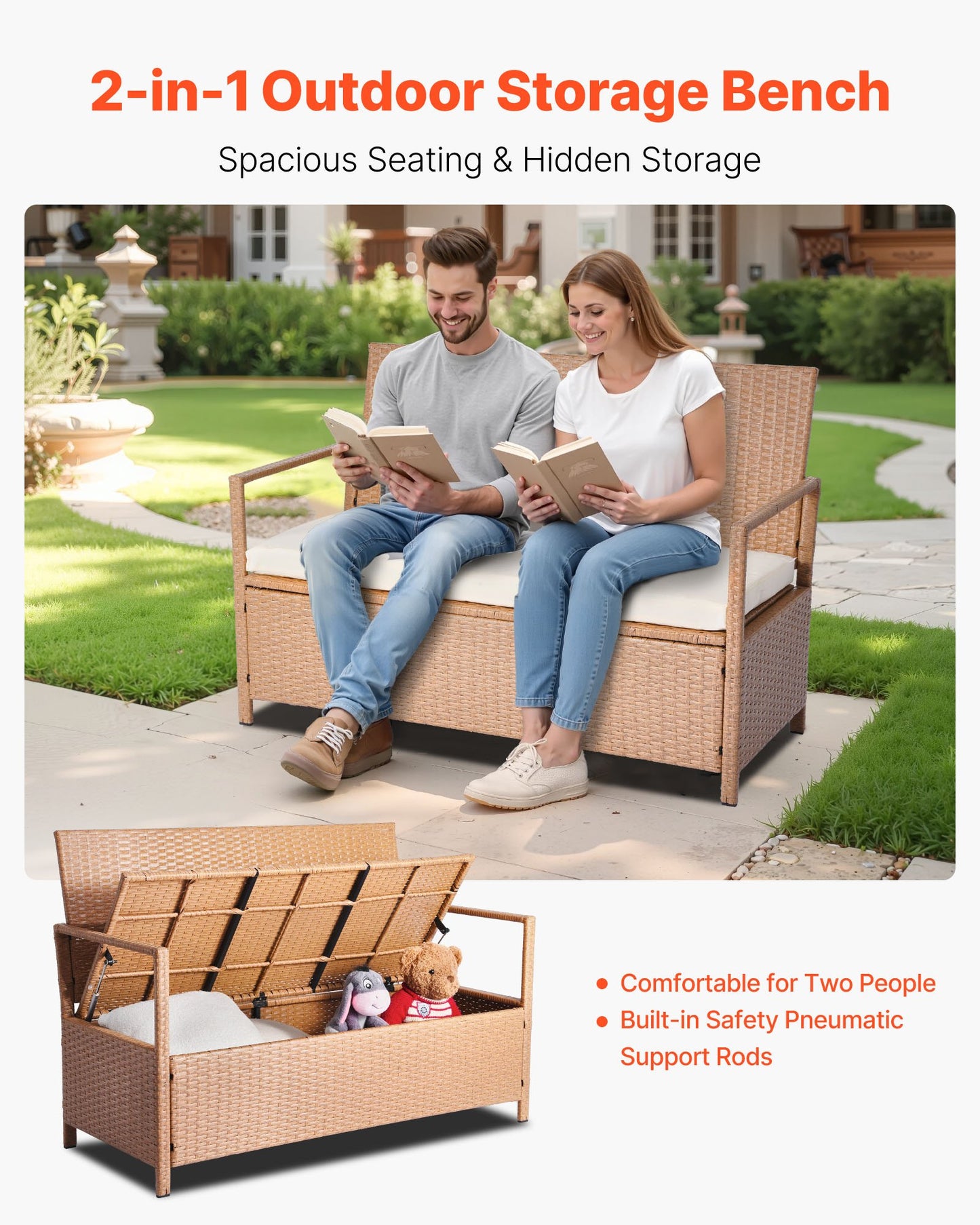 Outdoor Storage Bench with Cushion 70 Gal Waterproof Rattan Deck Box - Brown
