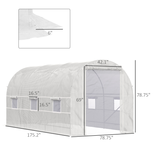Large Walk-In Greenhouse Kit with Steel Frame and Roll-Up Windows - 15x7x7 ft