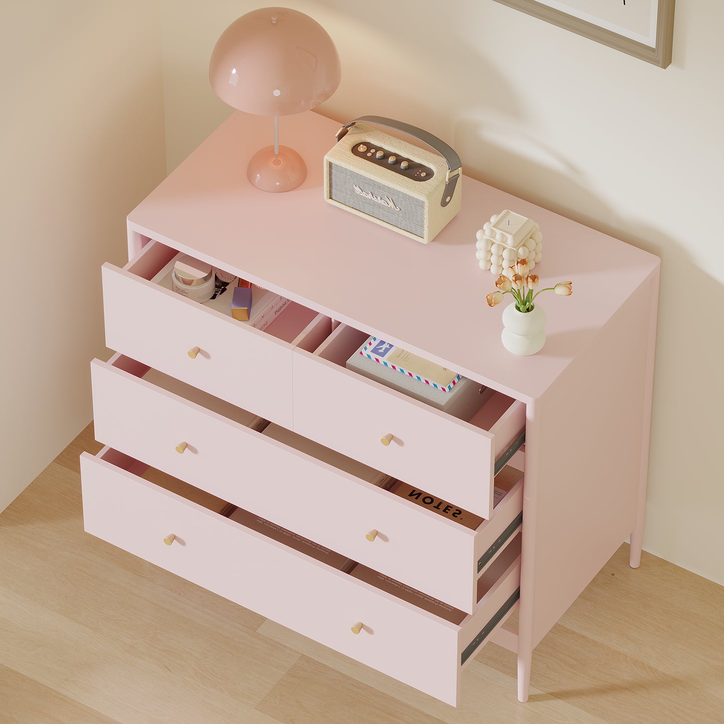 Pink 4-Drawer Wooden Kids Dresser - Modern Storage Cabinet