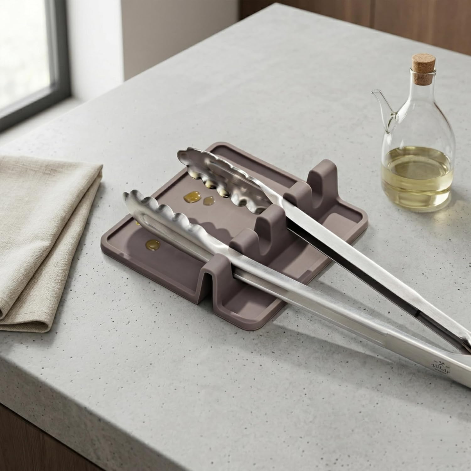 Silicone Spoon Rest - Heat-Resistant Multi-Utensil Holder - Gray