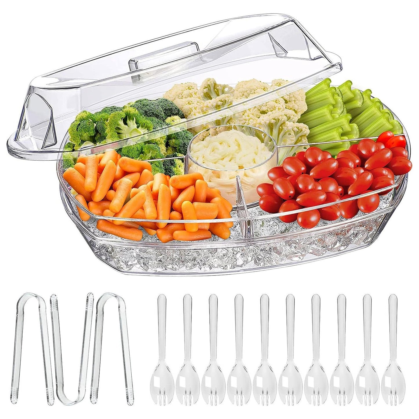 Chilled Veggie Tray with Lid & Compartments - 4-Section Serving Platter