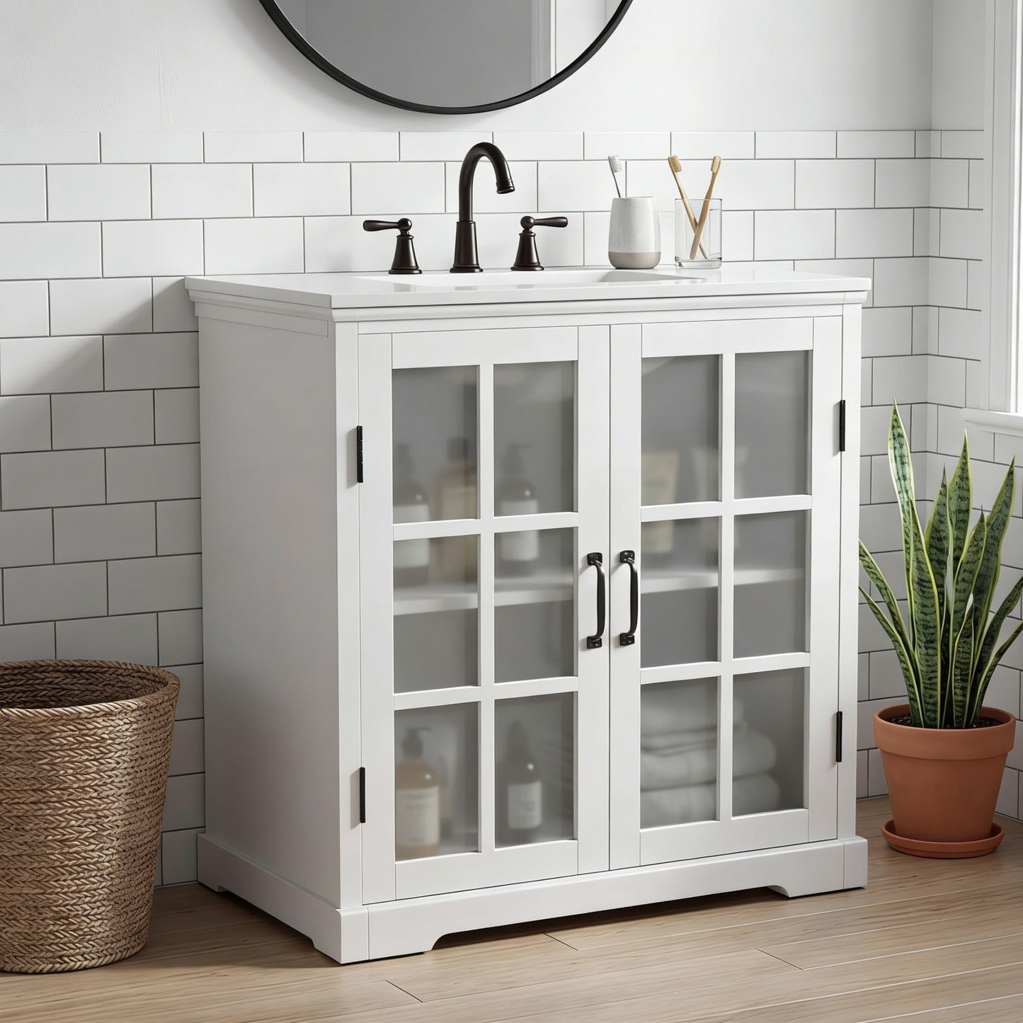 30" Modern Bathroom Vanity with Ceramic Sink & Storage - White