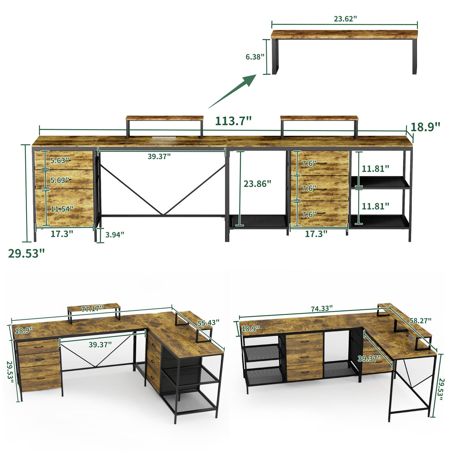114 L-shaped Desk With Power Hub, Industrial Gaming - 6 Drawers,