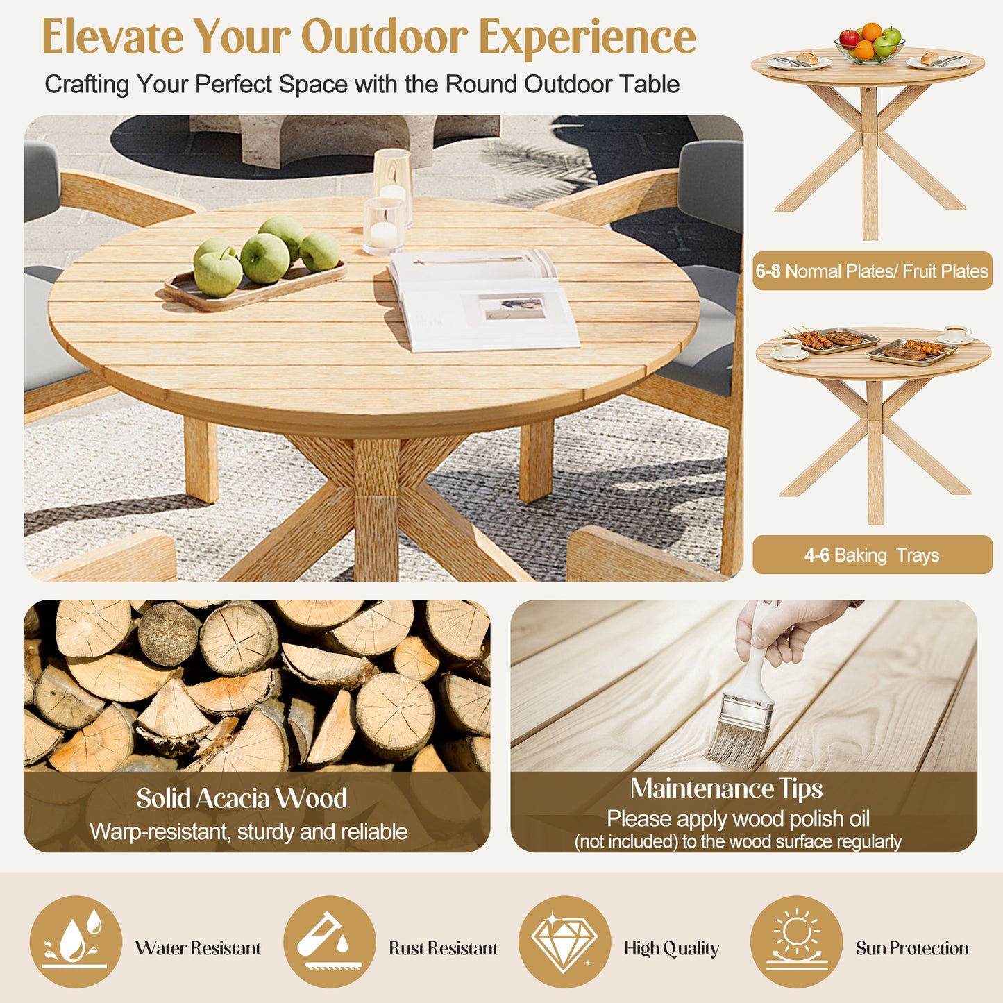 44.5 Inch Round Outdoor Dining Table - Premium Acacia Wood