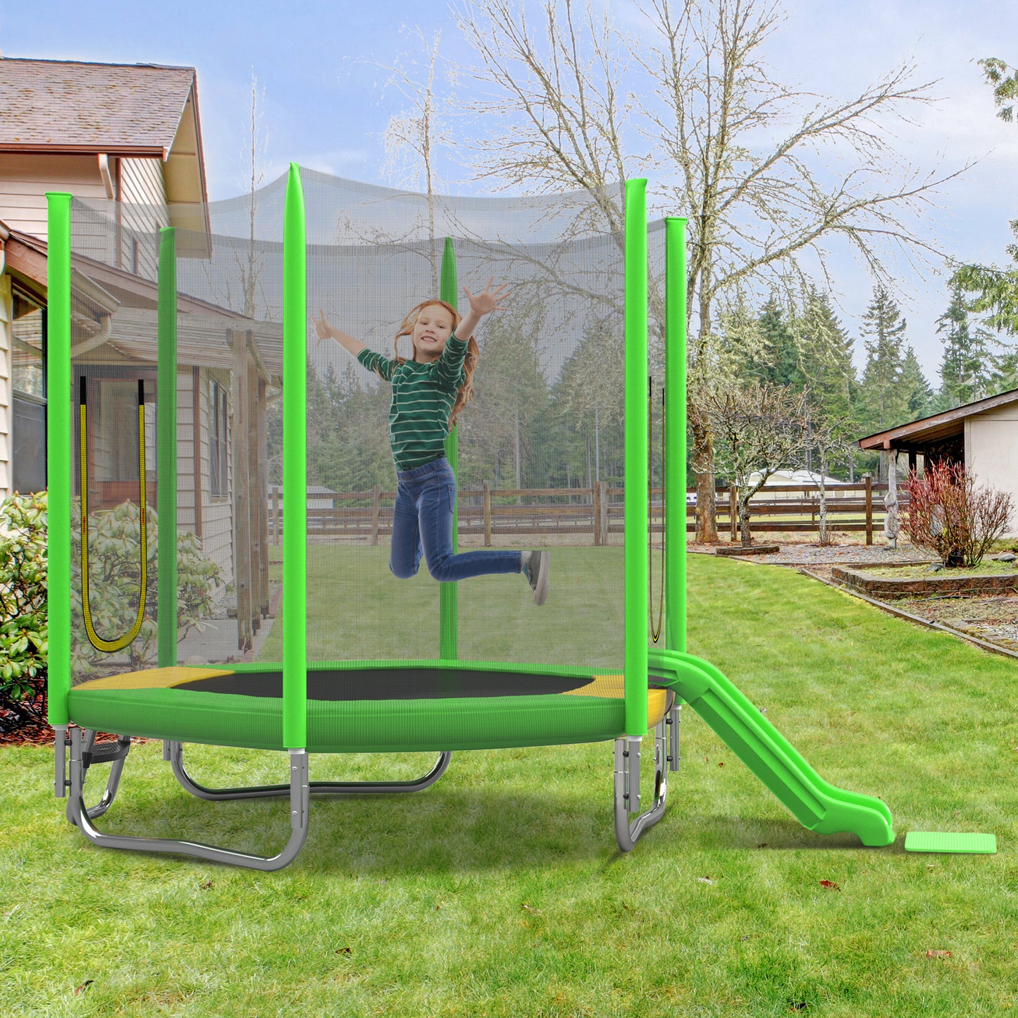 7FT Trampoline For Kids With Safety Enclosure Net, Slide And Ladder,