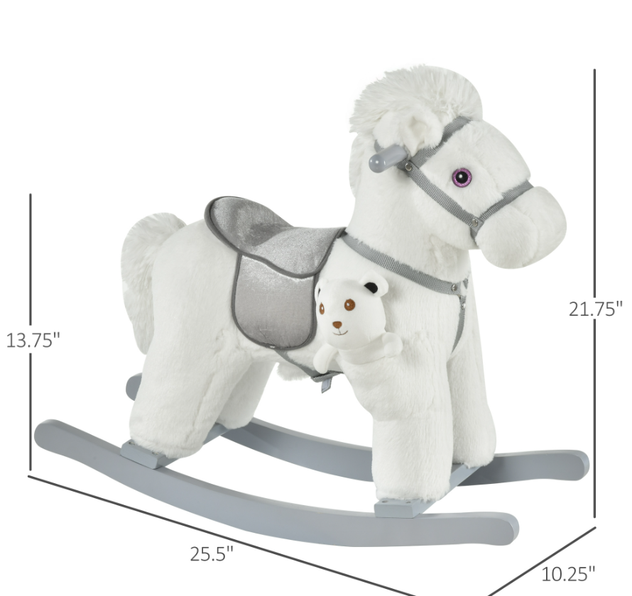 White Plush Rocking Horse with Bear Toy for Kids - Soft Sound