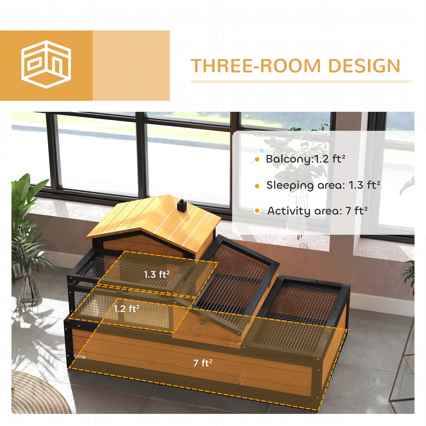 Large 3-Room Tortoise Habitat House with Balcony & Openable Roofs - Yellow