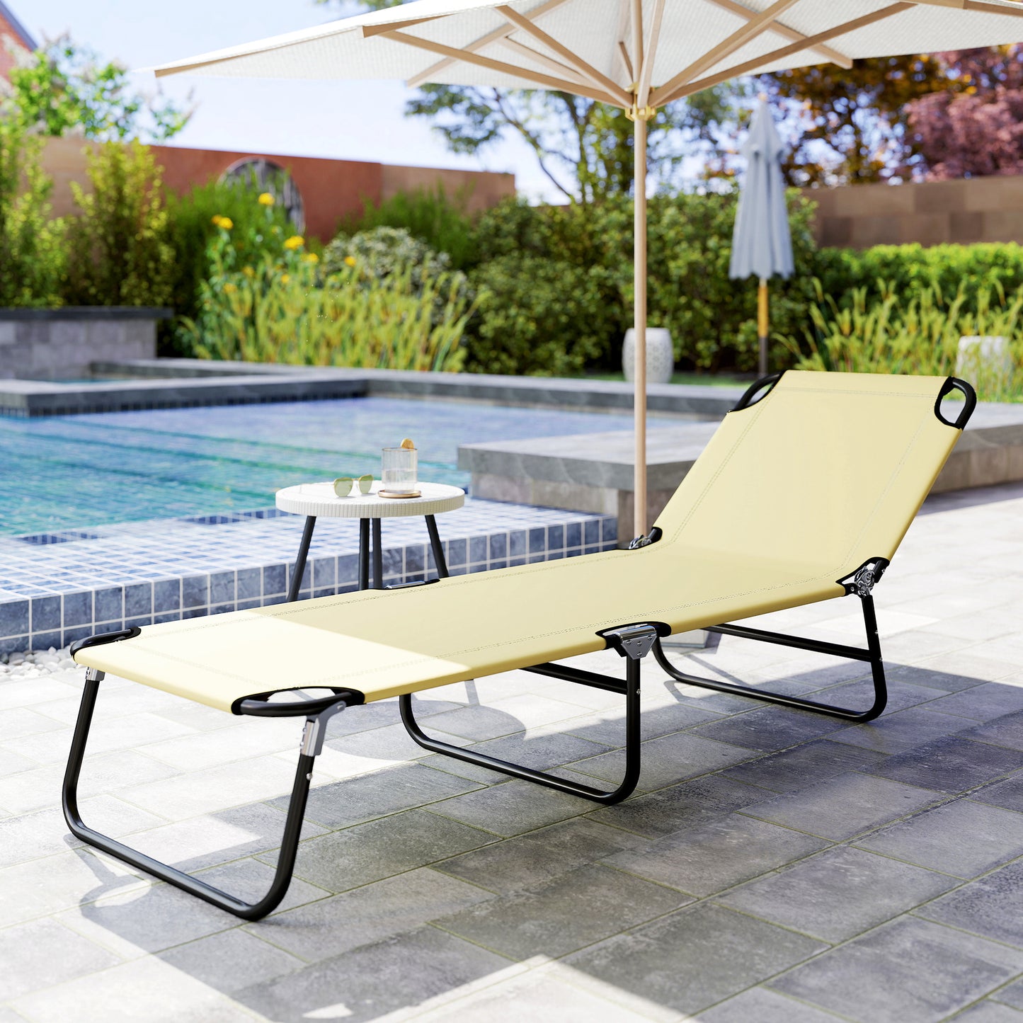 Folding Chaise Lounge Chair - 5-Level Recline, Steel Frame, Beige