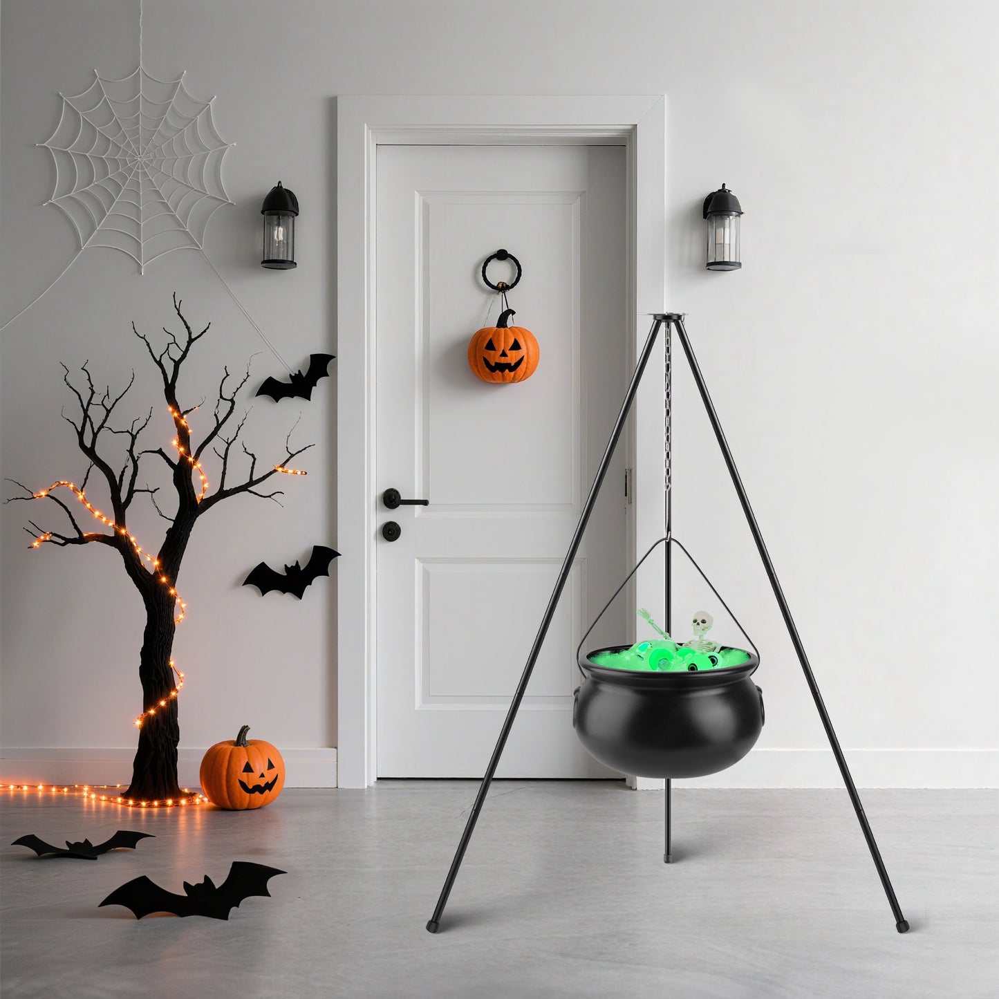 Halloween Witch Cauldron Decoration Set with Tripod & String Lights