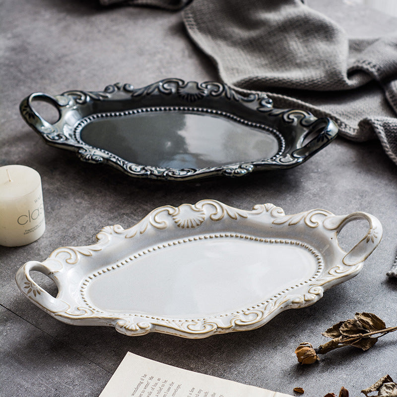 European Retro Style Salad and Dessert Plate Set - White & Blue Porcelain