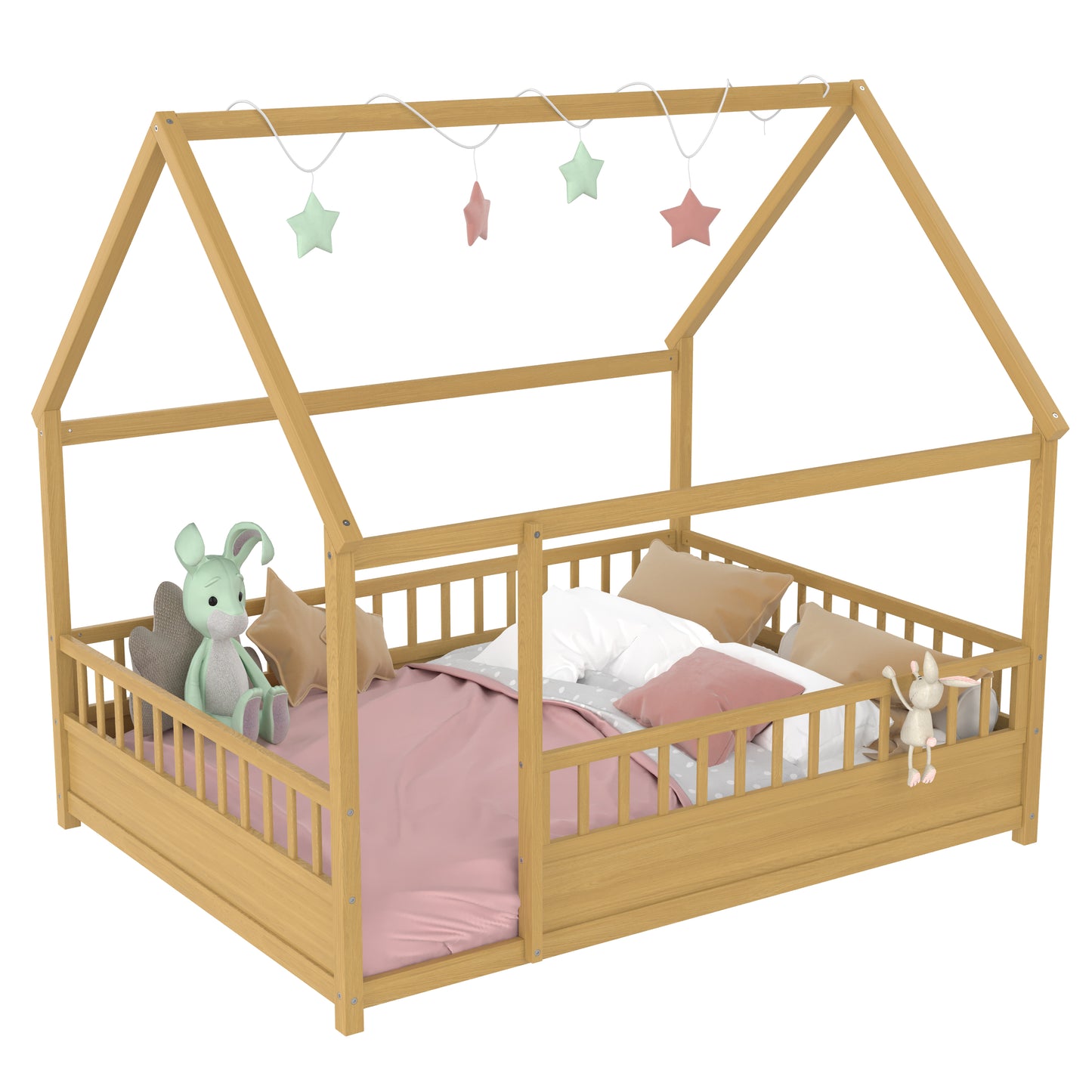 Full Size Wooden Floor Bed with House Roof Frame and Fence Guardrails - Natural