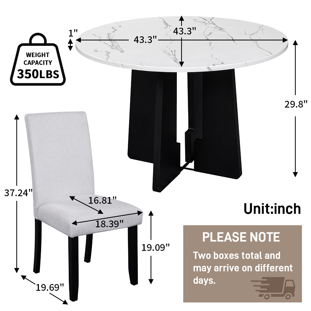 5-Piece Round Dining Table Set, 43-Inch Modern And 4 Upholstered