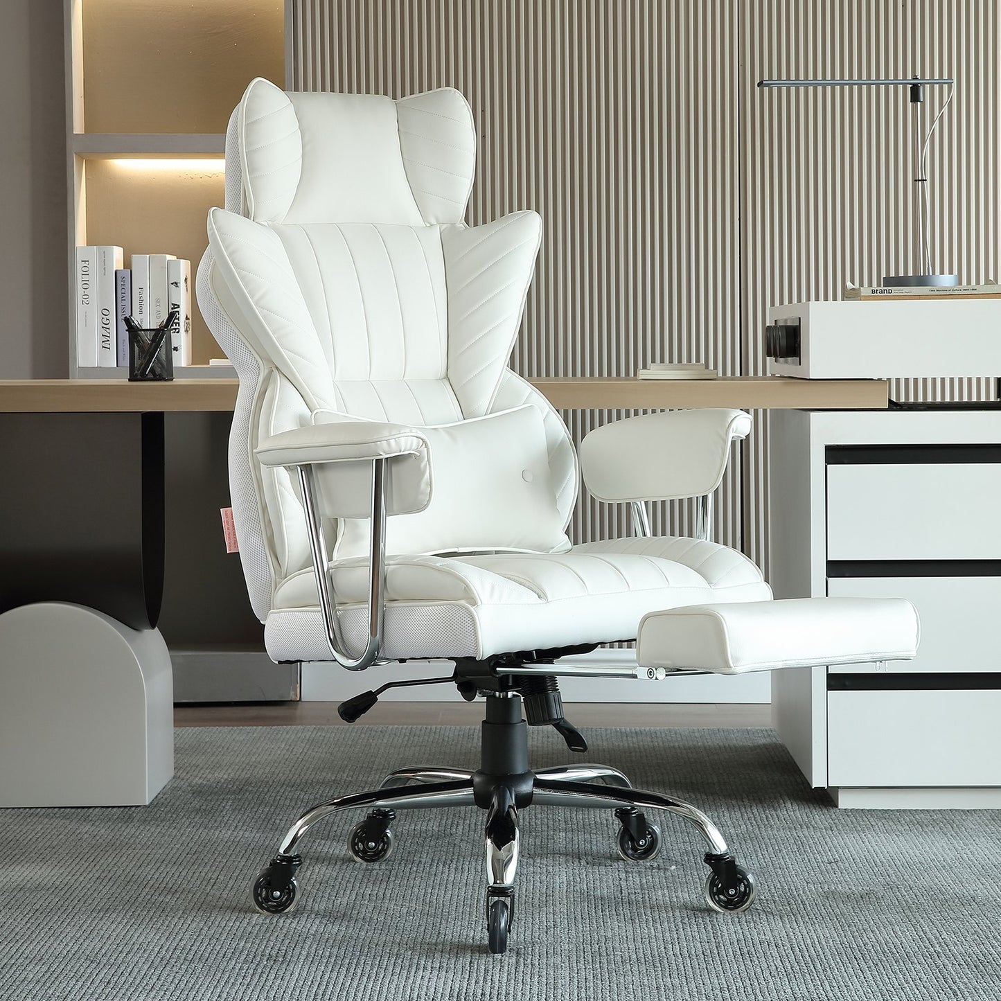 Ergonomic Reclining Office Chair with Footrest - White