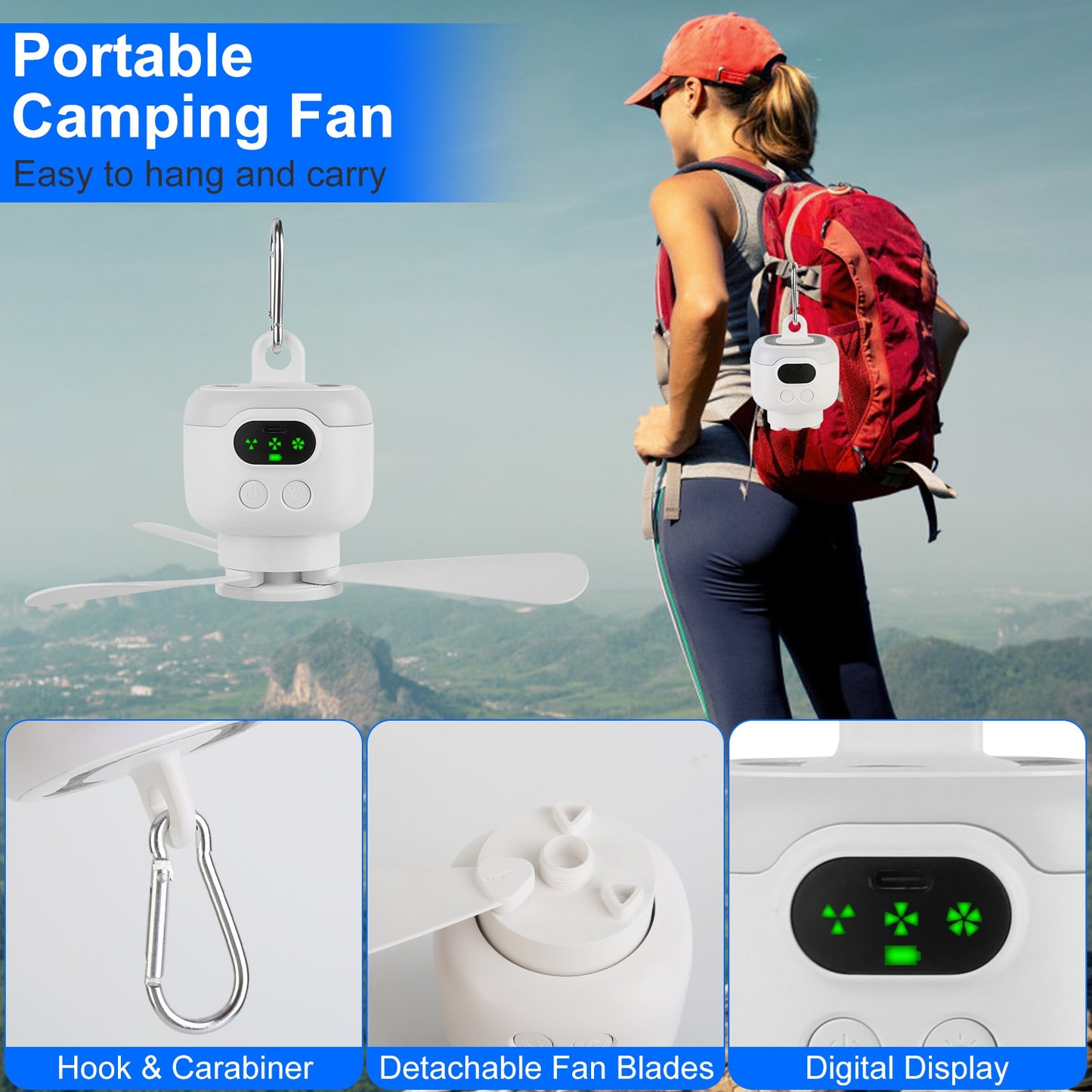 2-in-1 Portable Camping Fan with LED Lantern - 8000mAh