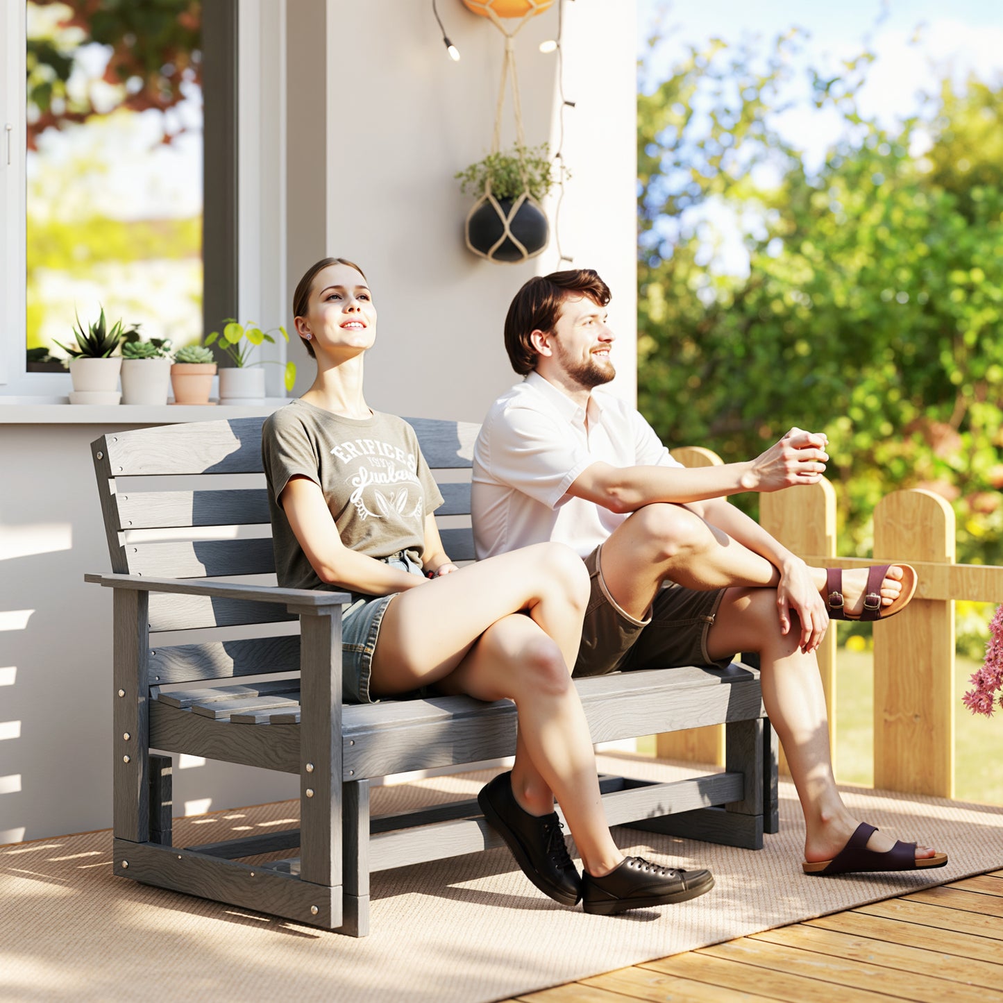 Patio Glider Bench - HDPE Double Rocking Chair, Distressed Gray