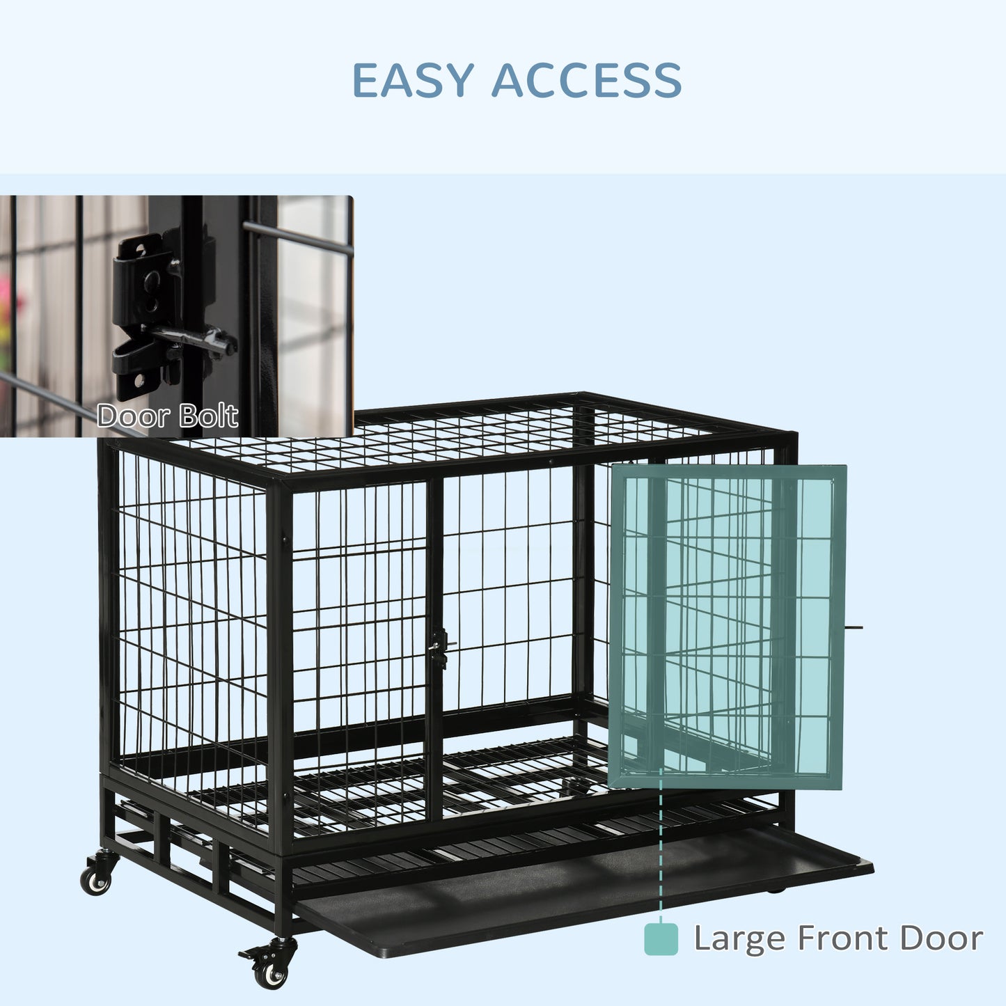 Heavy Duty Dog Crate 36 Inch with Removable Tray & Lockable Wheels for Medium & Large Dogs - Black
