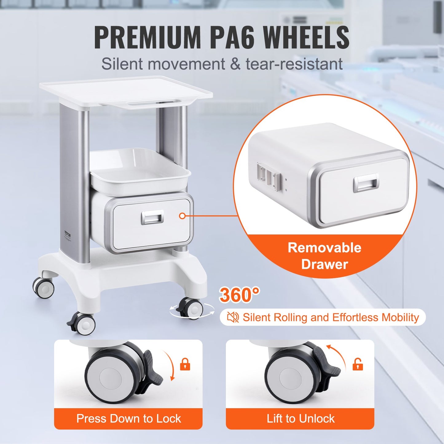Mobile Medical Cart with Drawer & Top Tray - 2 Tiers, White