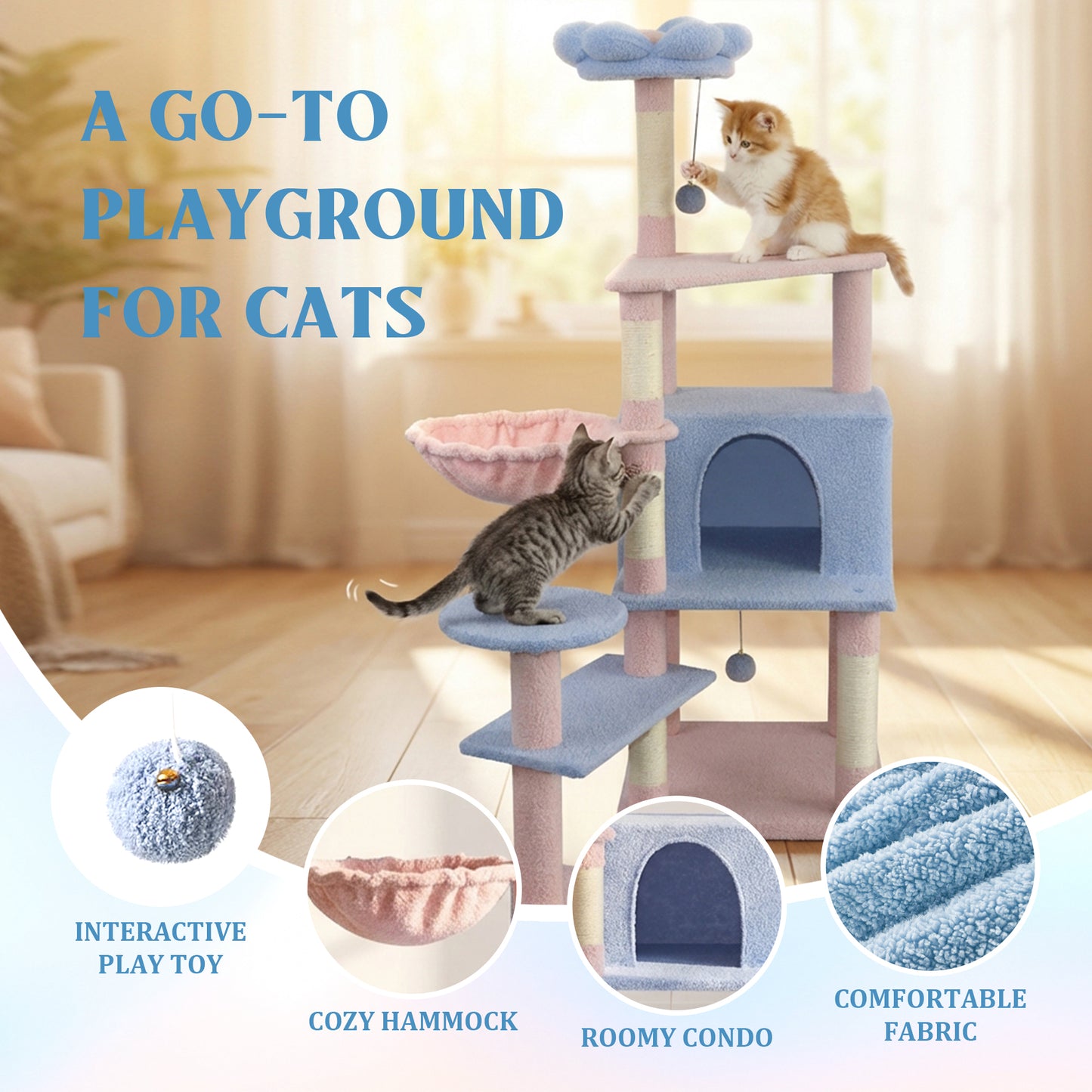 Flower Cat Tree with Large Condo, Removable Flower Cushion & Hammock - Blue