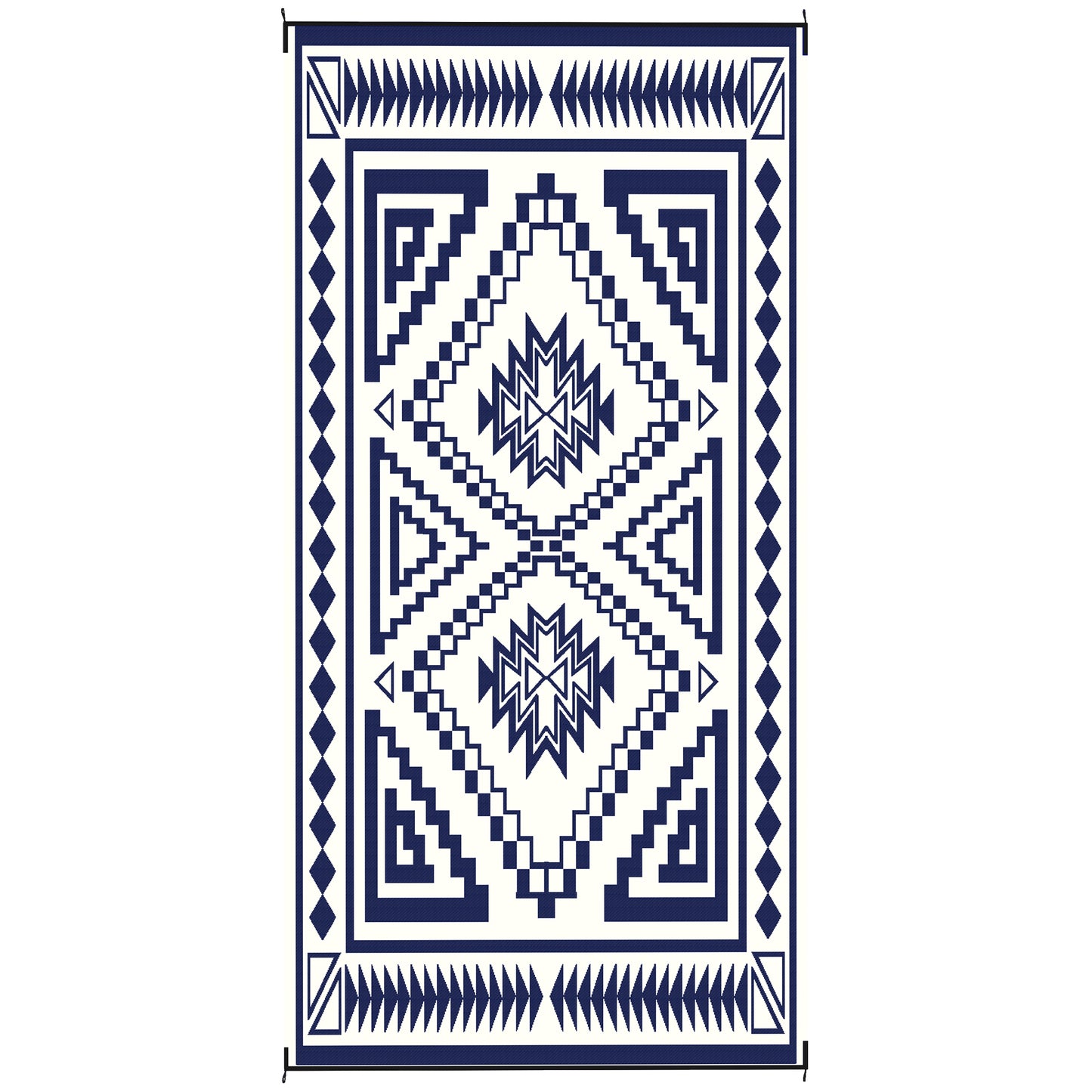 Reversible Outdoor Rug - Waterproof Plastic Straw, 9' x 18', Blue & White Patchwork