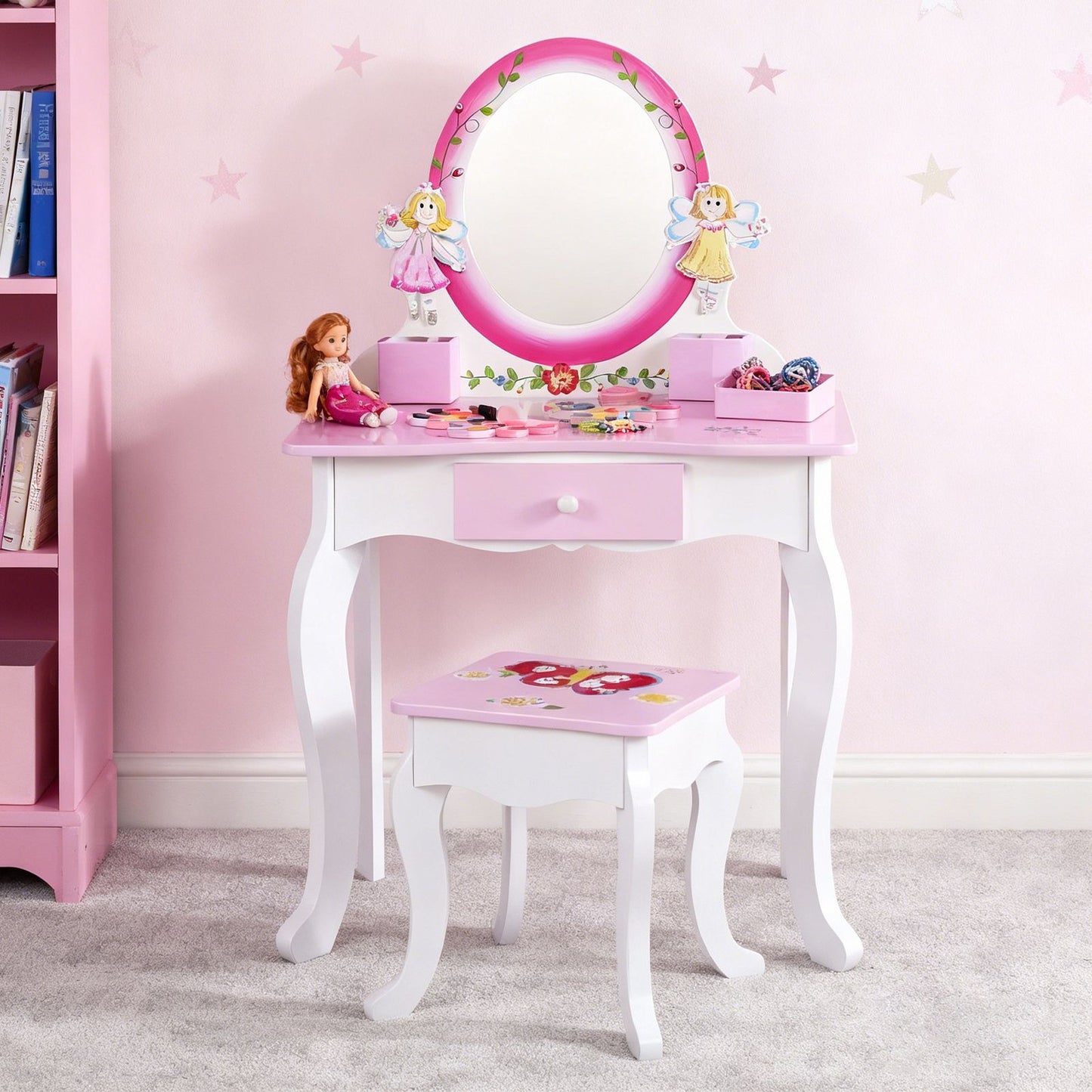 Kids Vanity Set Floral Printed Wooden Makeup Dressing Princess Table