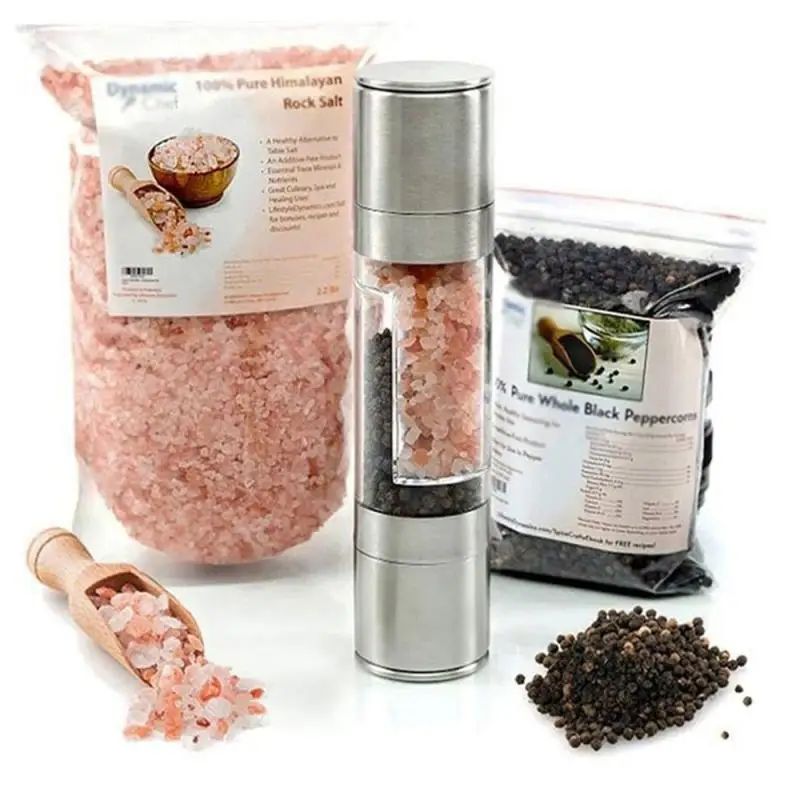 Salt and Pepper Grinder Set 2-in-1 Stainless Steel Manual Spice Mills Adjustable Ceramic Grinding Kitchen Tool Silver