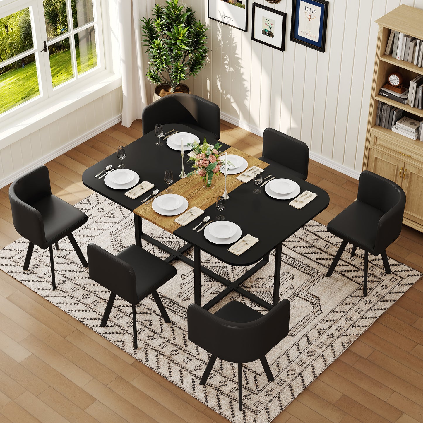 7-Piece Dining Table Set with 6 Black PU Chairs - Two-Tone Design