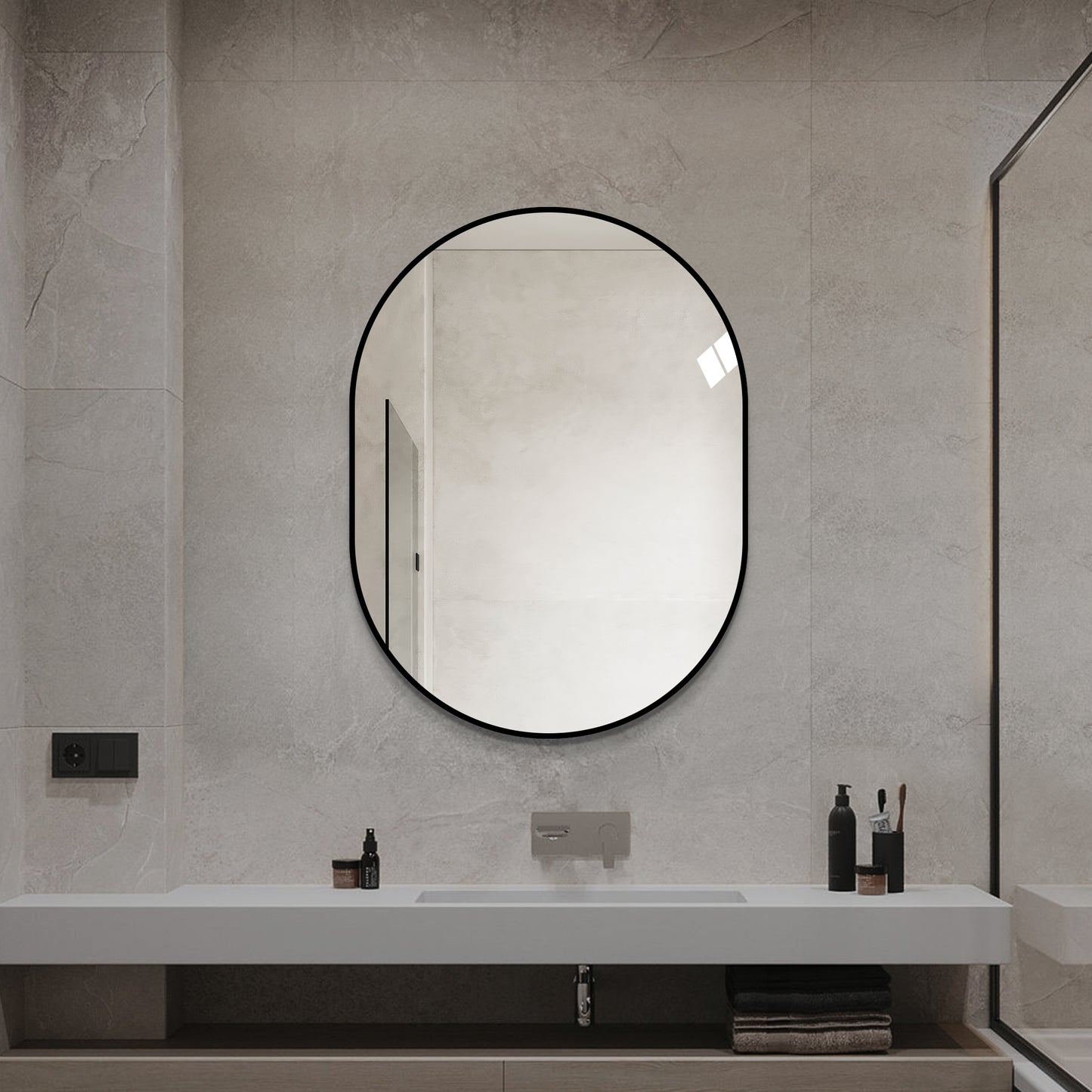24x32 Framed Capsule Bathroom Mirror - Vertical Wall Mounted, Black