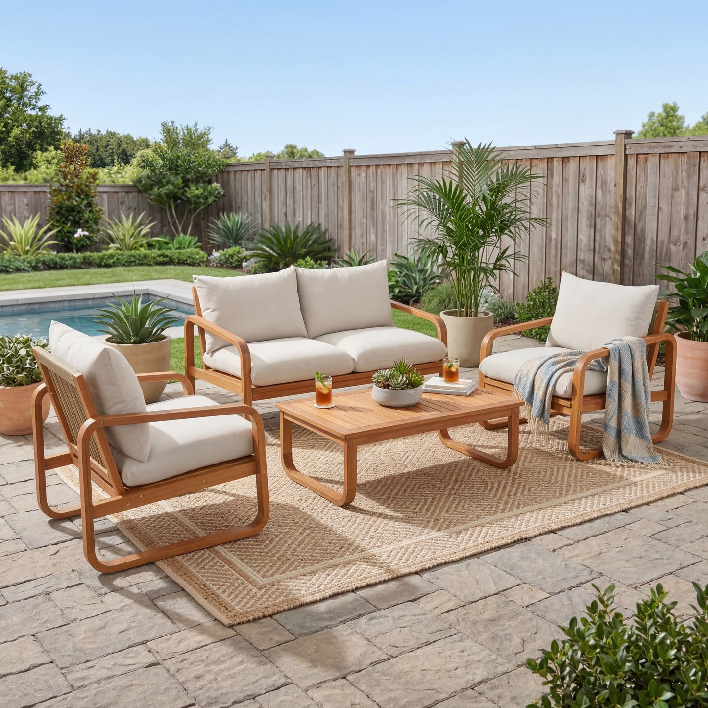 4-Piece Acacia Wood Outdoor Patio Furniture Set with Cushions