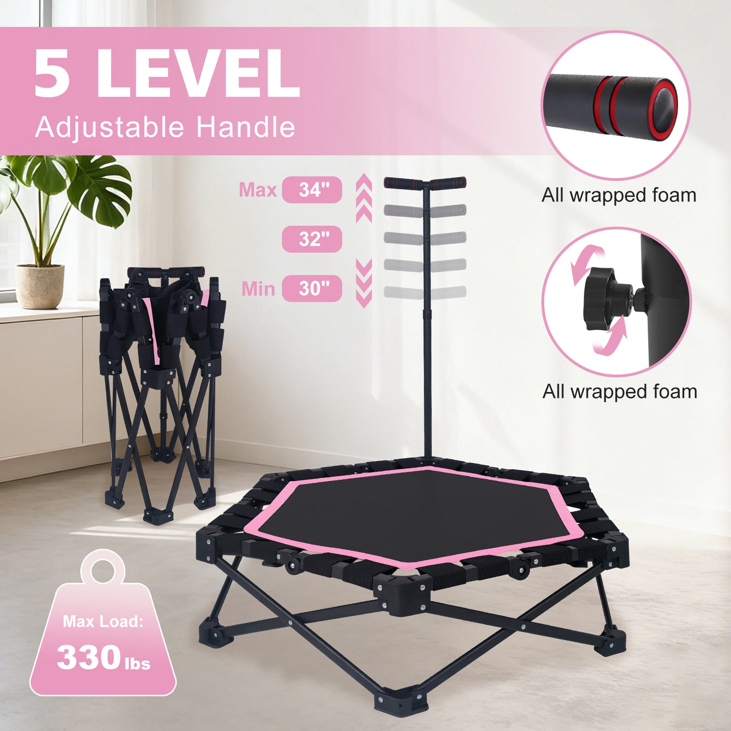 Foldable Mini Trampoline for Adults - 330lbs Capacity, Adjustable T-Bar, Indoor & Outdoor Workout - Pink