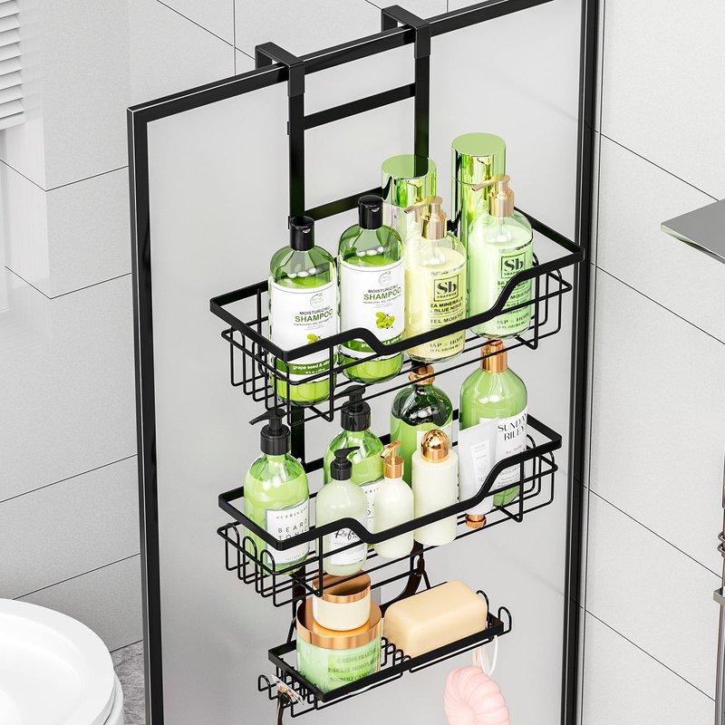 No-Drill Bathroom Shelf with Tiered Hanging Basket Storage Rack - Black
