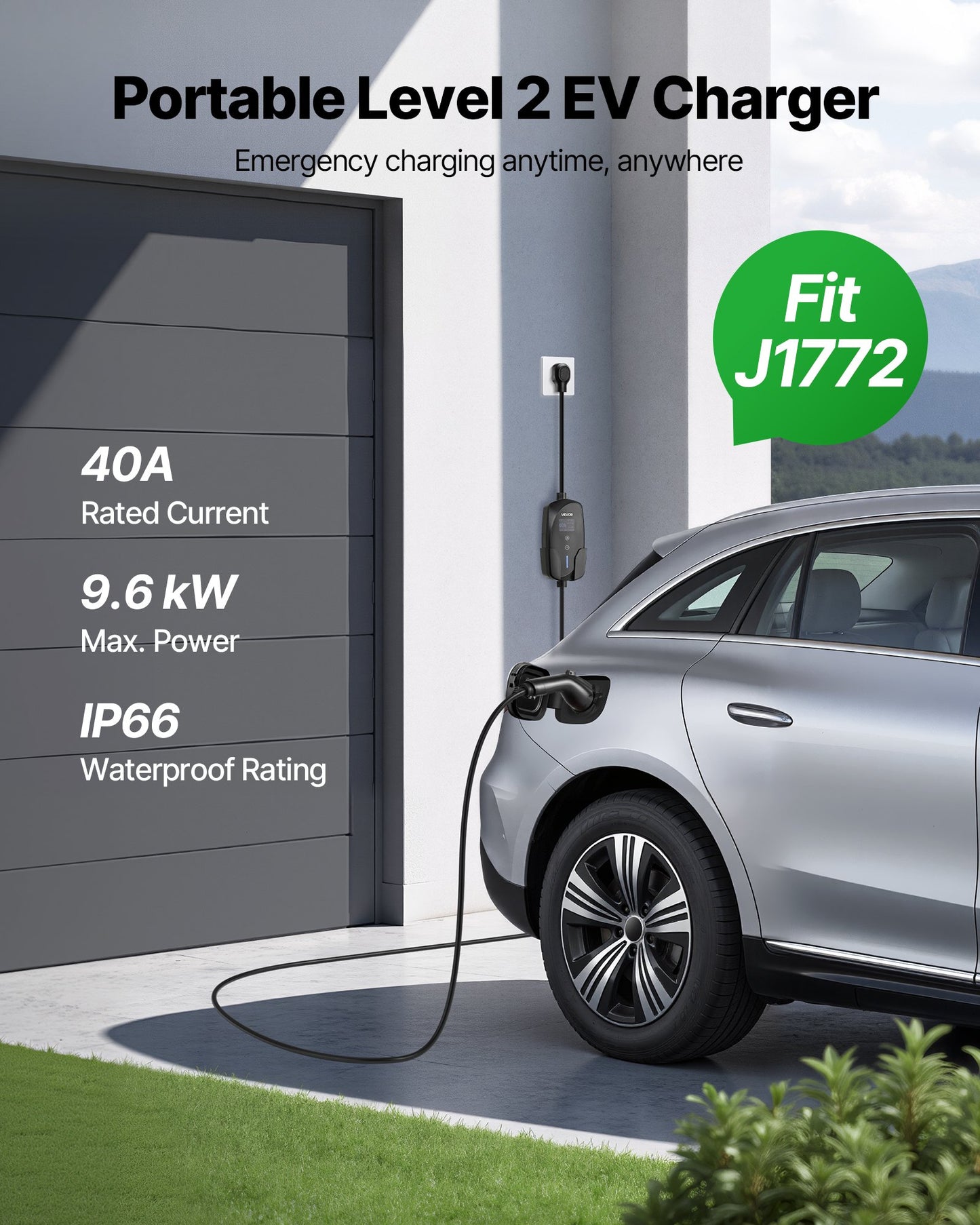 Portable Level 2 EV Charger 40A 240V with 25 Ft Cable Black