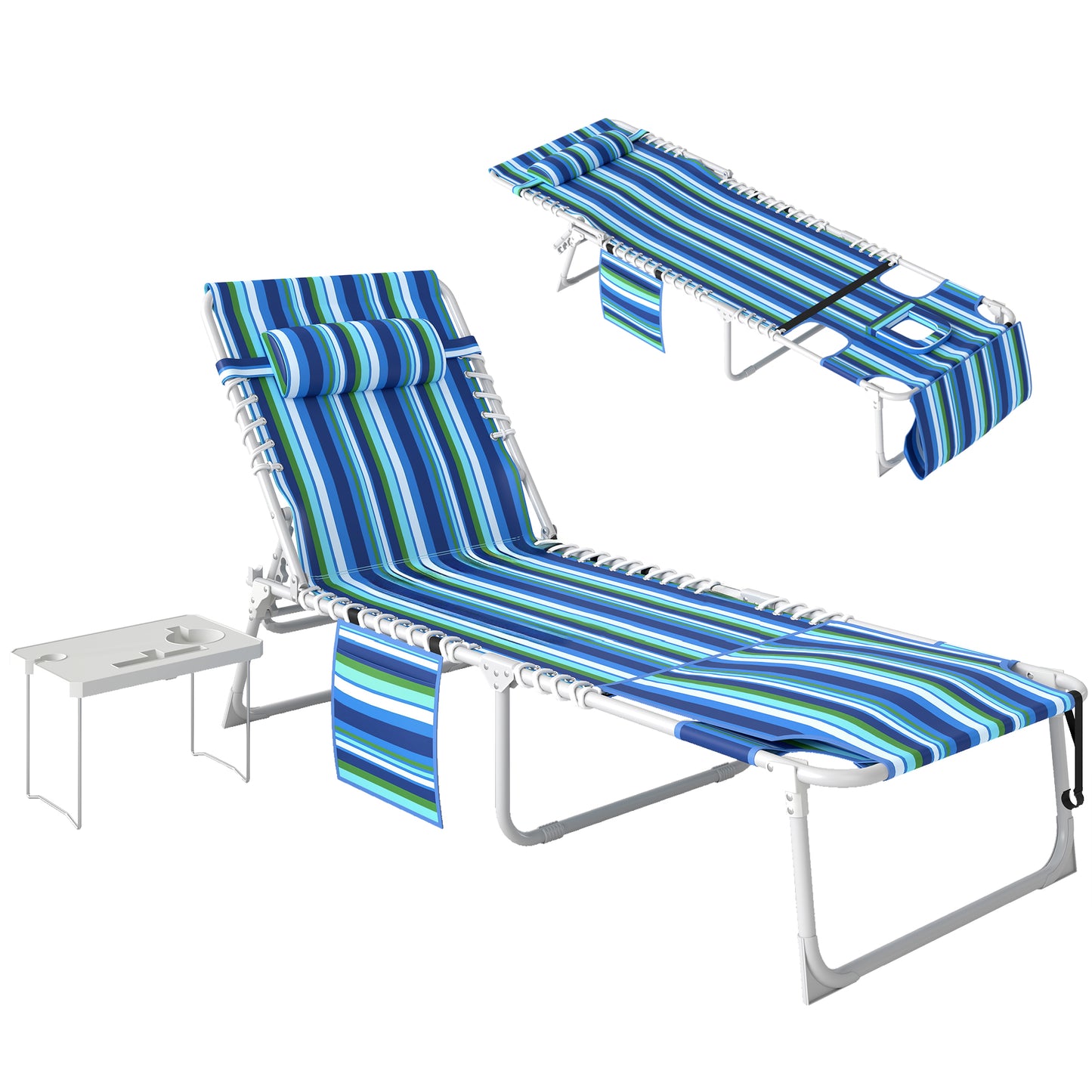 Folding Outdoor Lounge Chair with Face Hole & Side Table - Blue Stripe