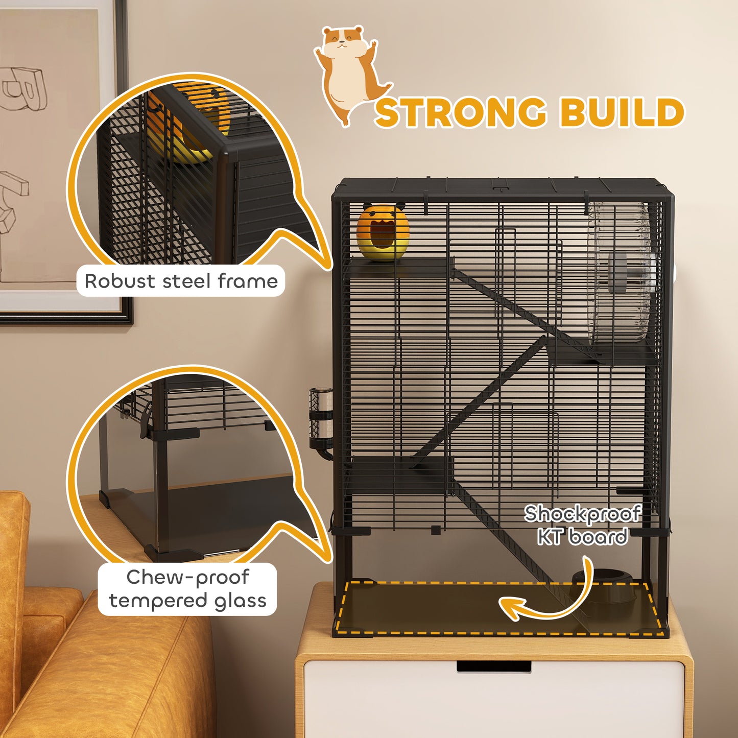 4-Tier Hamster Cage with Tempered Glass Bottom, Exercise Wheel, Hut, Water Bottle & Food Dish - Black, 24x16x31.5 Inches