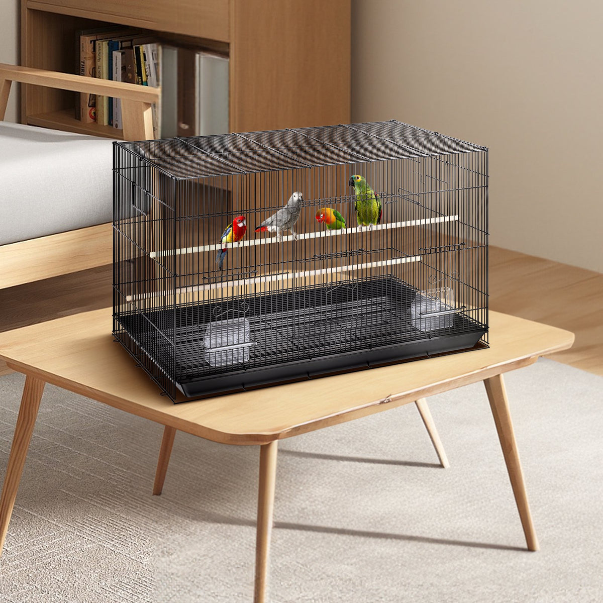 Large 30 Inch Metal Bird Cage with Rolling Stand for Parrots & Finches - Black